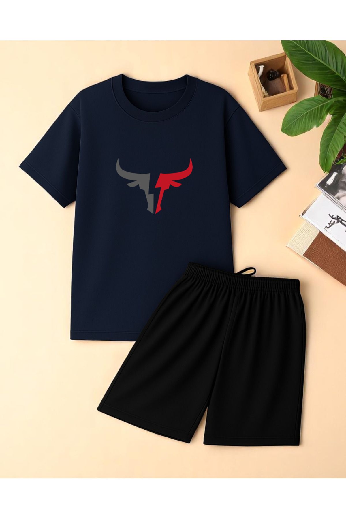 uyguntarz Unisex Boğa Baskılı Tasarım Şort Takım