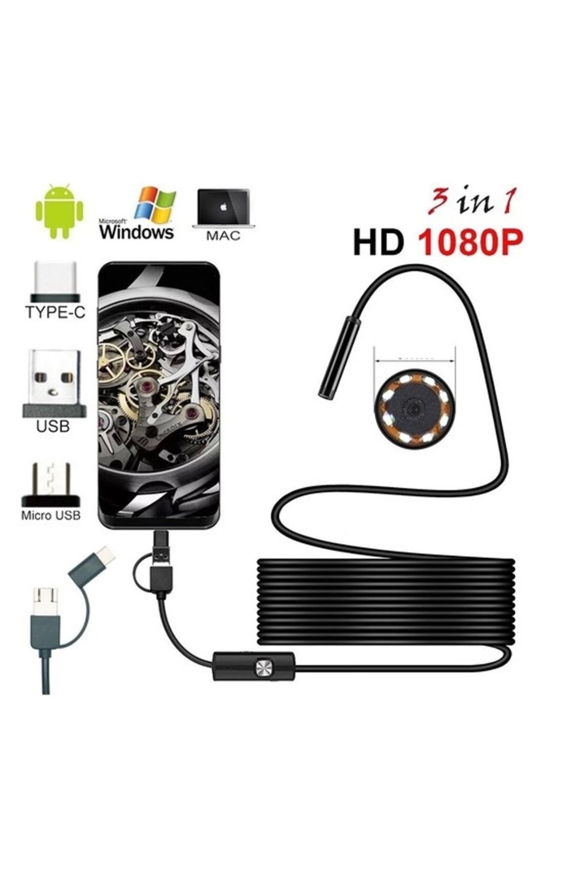 Yuba Avm Endoskop 3 İn 1 Yılan Kamera Usb Micro Usb Type-c 20 Metre Sert Kablo