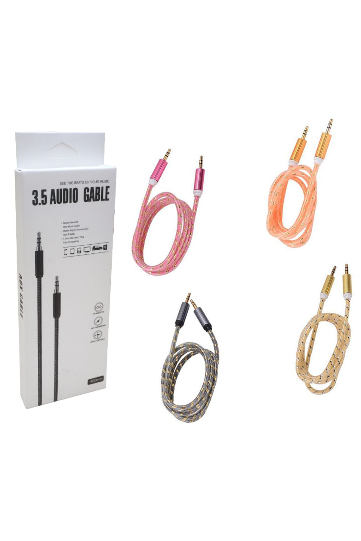 TİMİON 3.5 MM ERKEK/ERKEK RENKLİ STEREO AUX ÖRGÜLÜ KABLO 1 METRE KUTULU (5148)
