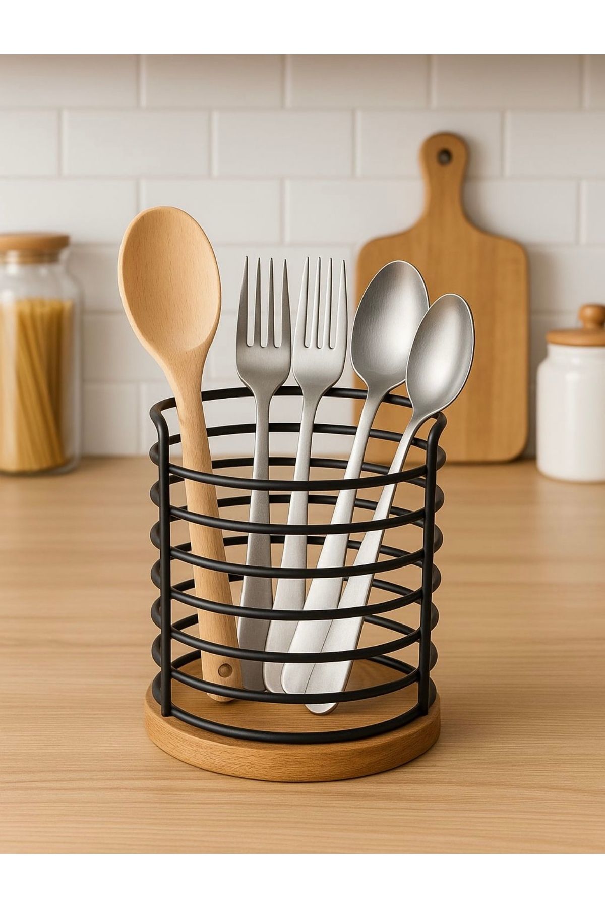 Pembelia Life Bambu Altlı Siyah Metal Tezgah Üstü Kaşıklık,Kepçe Bıçak Düzenleyici
