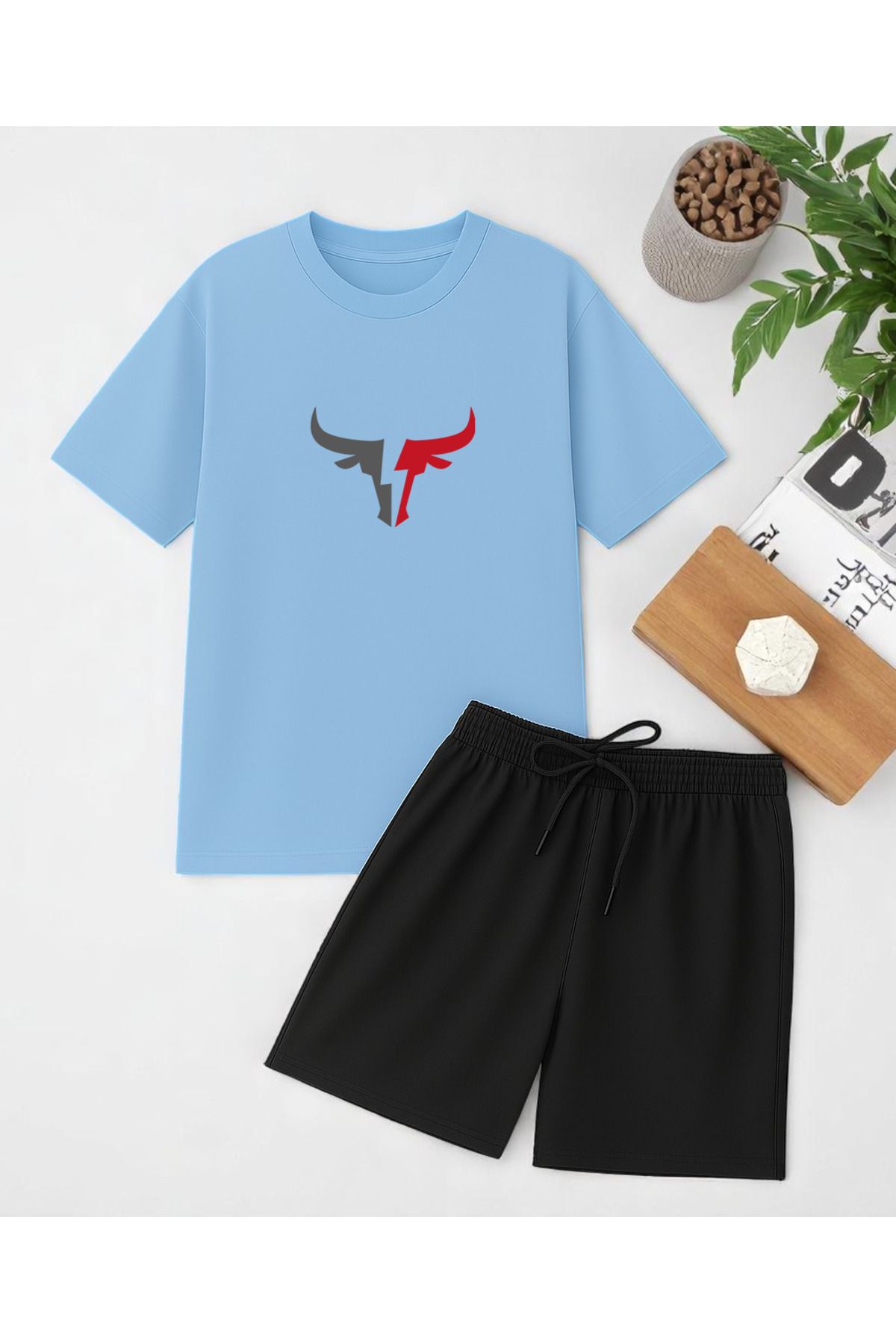 uyguntarz Unisex Boğa Baskılı Tasarım Şort Takım