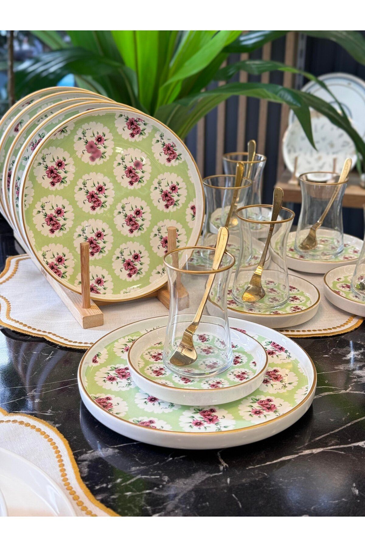 DEKORANLA Modern mint seramik pasta ve çay saati seti, 18 parça, 21 çiçekli, yuvarlak tabaklar