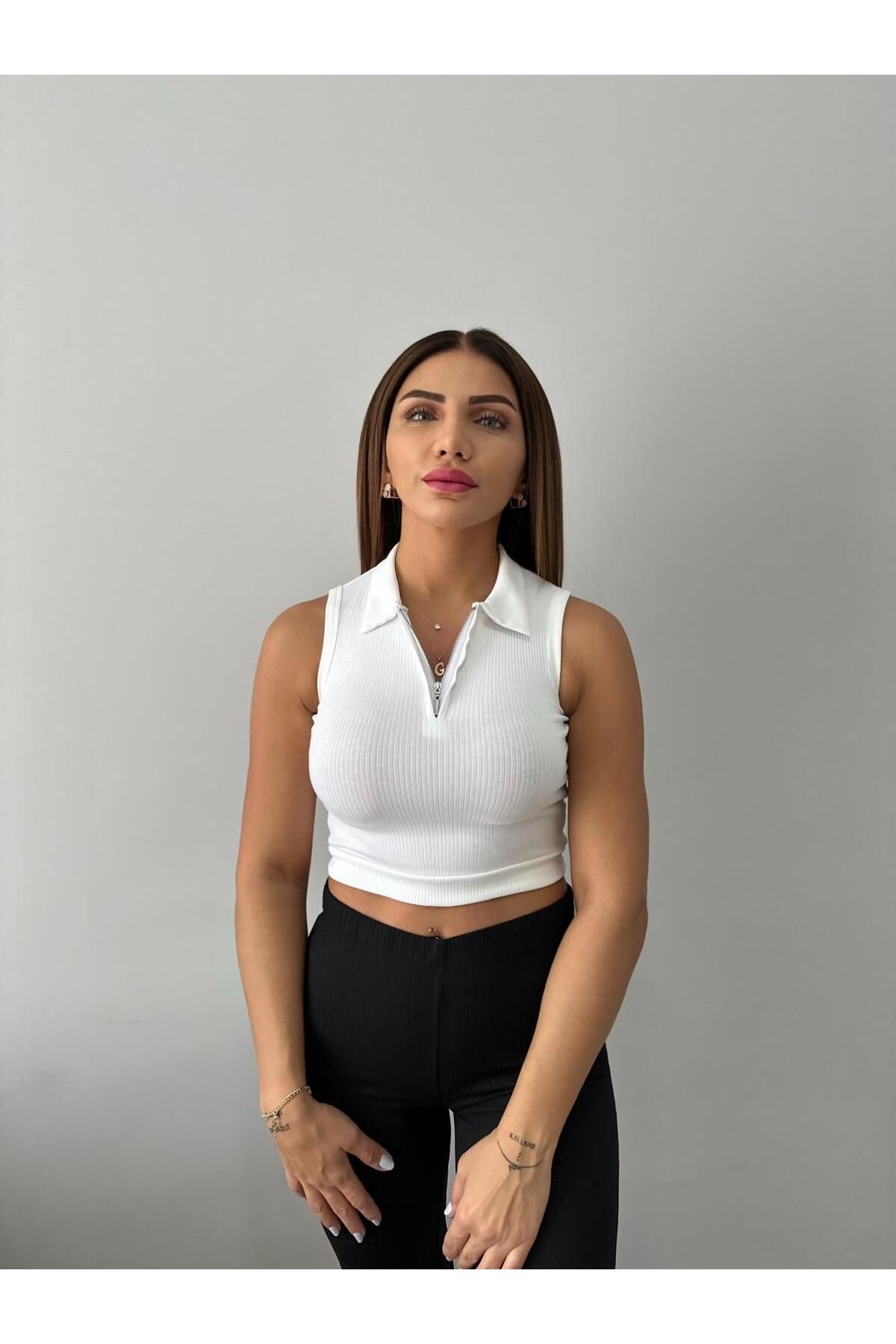sterktekstil Kısa Kol Düz Yaka Fermuarlı Crop