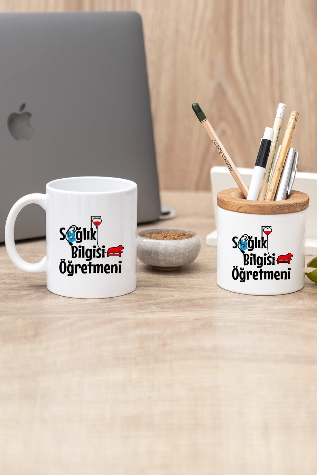 DEKORANLA Beyaz Sağlık Bilgisi Öğretmeni Baskılı Kupa ve Kalemlik Seti
