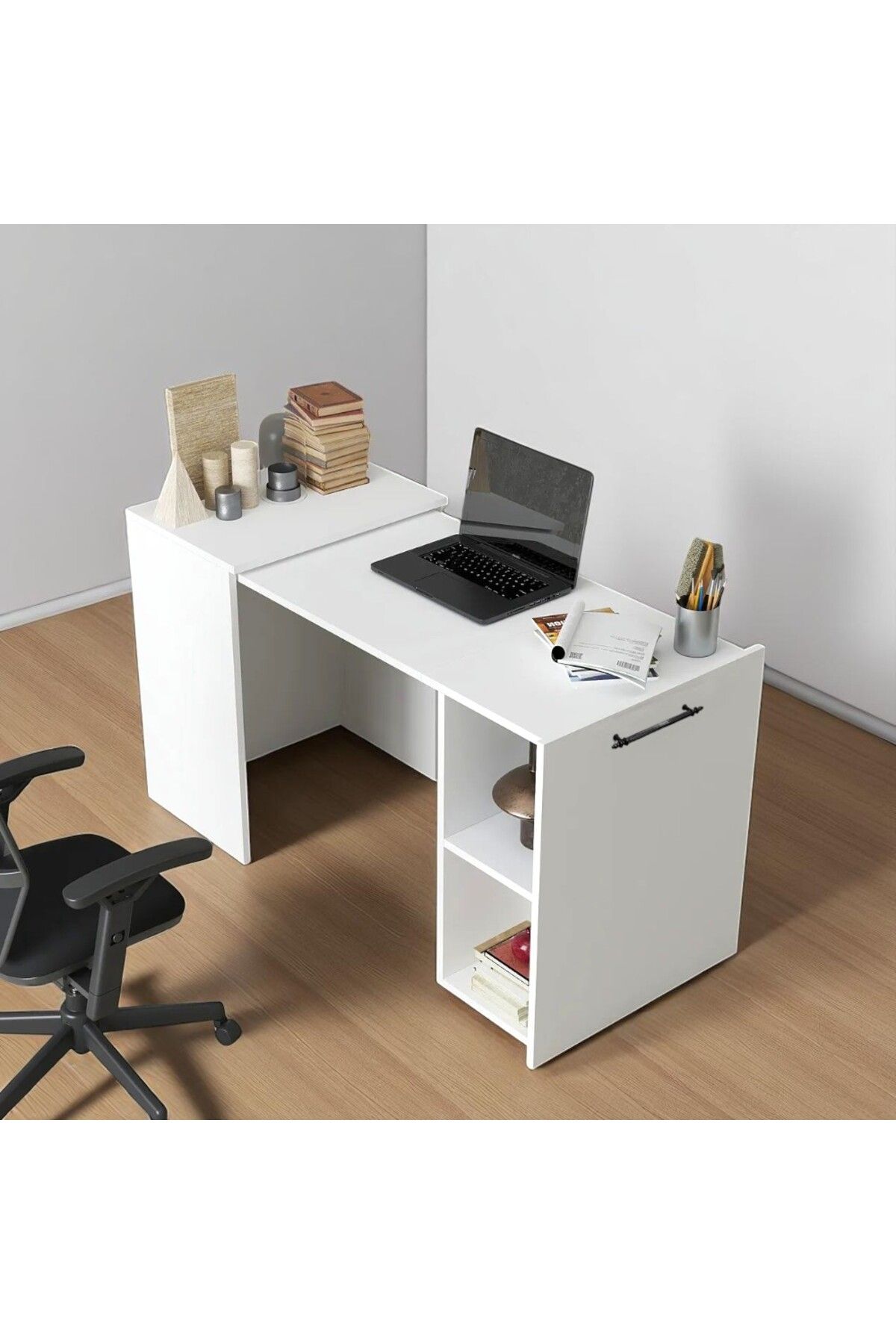 Minimalist Tasarım Beyaz Katlanabilir Çalışma Masası Raflı & Ergonomik