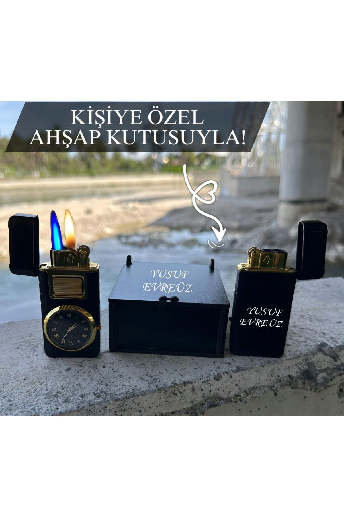DEKORANLA Kişiye Özel İsimli Siyah Tuşlu Saatli Çift Çakmak ve Ahşap Kutuda