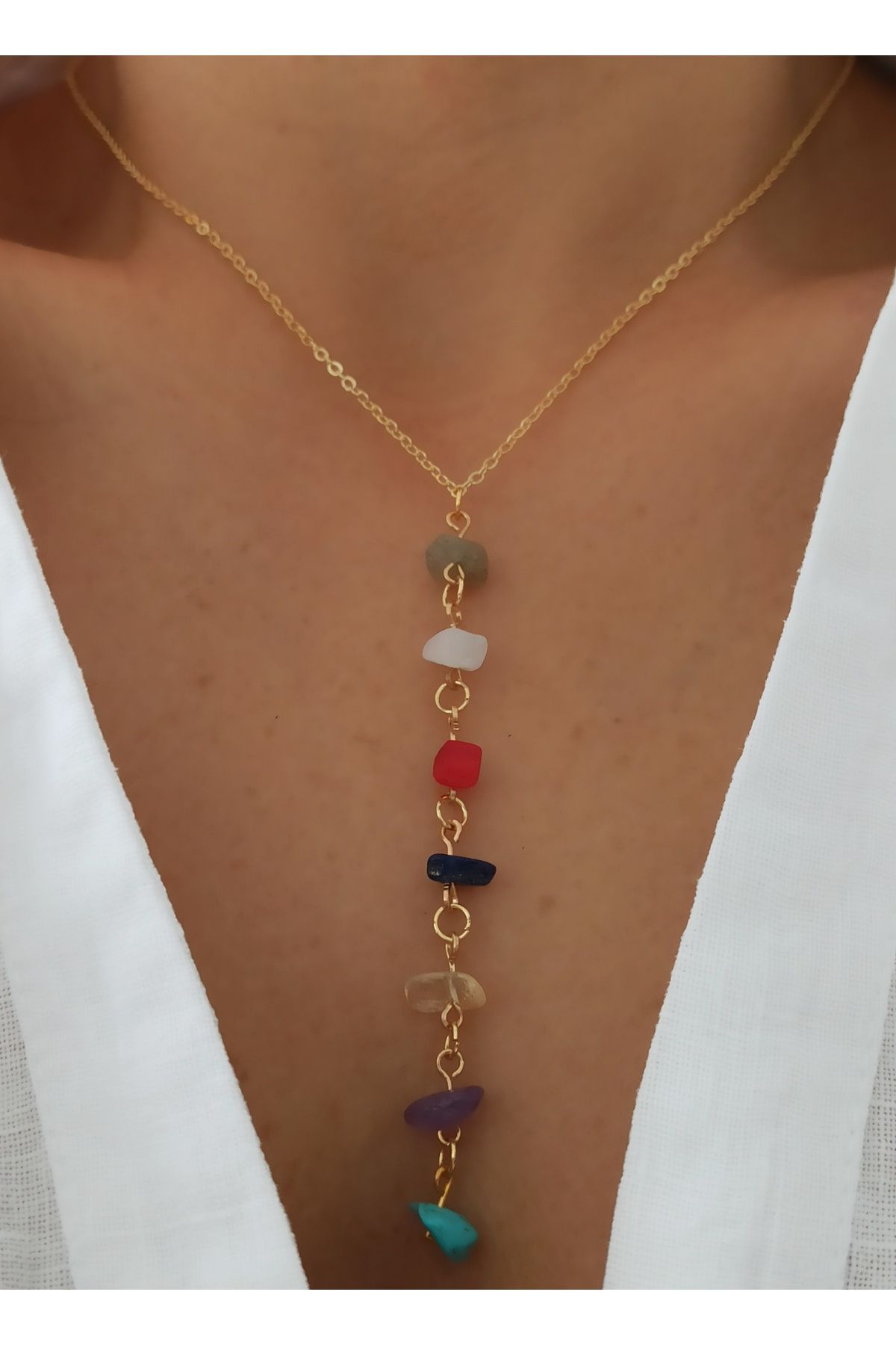 DENİZDENAL Y Kolye Doğal Taş Model Gold