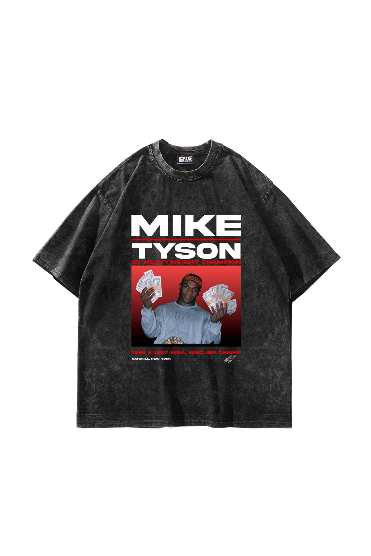 Sekizbiraltı Mike Tyson Baskılı Oversize Unisex Yıkamalı Siyah Tshirt
