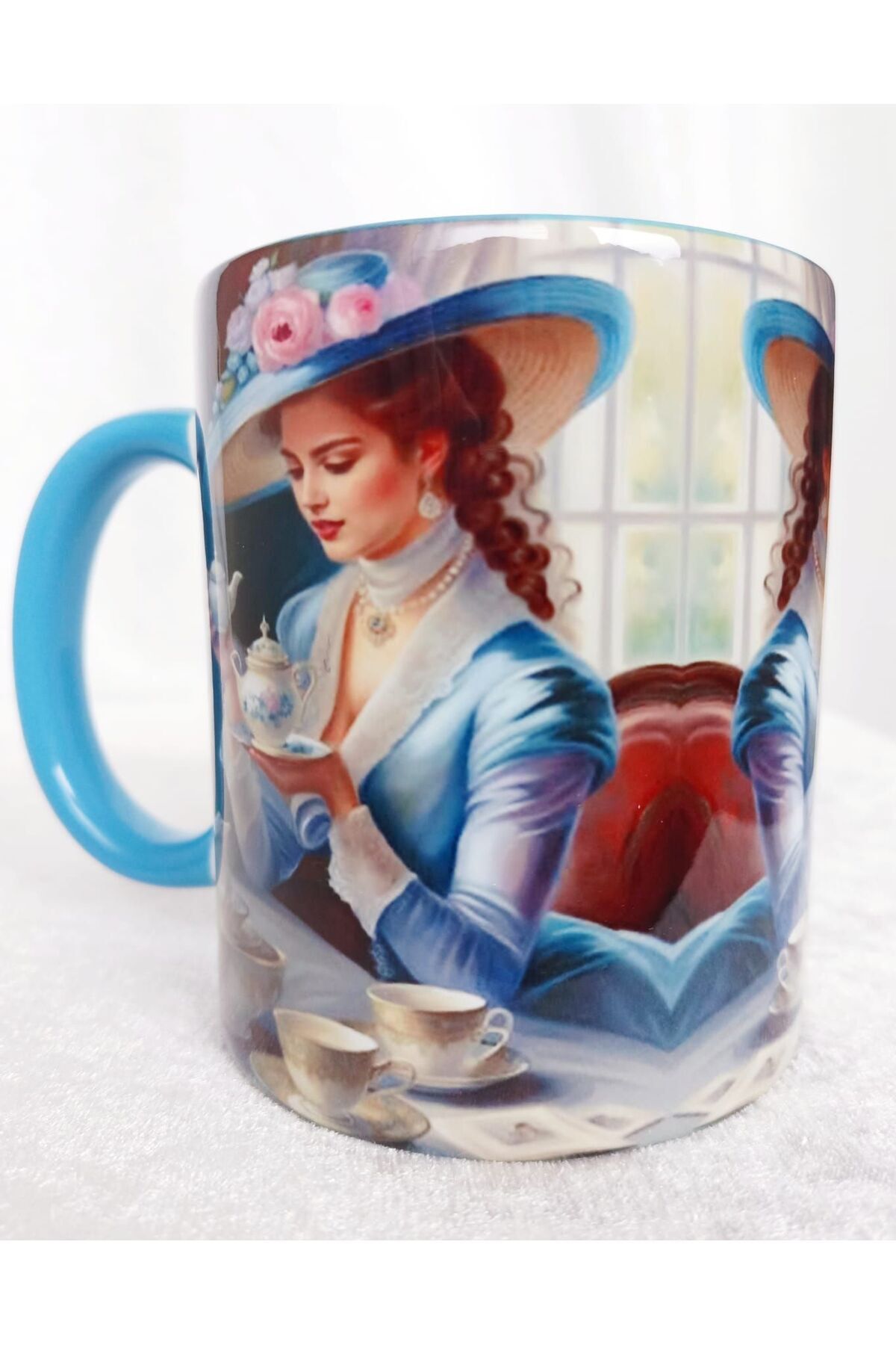 DEKORANLA Açık mavi büyük boy vintage baskılı çay saati kupa