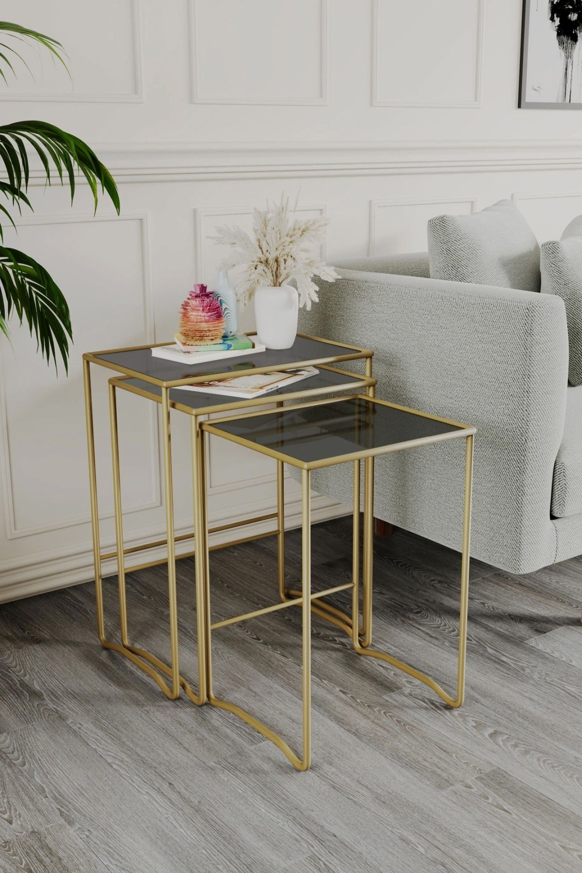 Catchme Retro 3 lü Zigon Füme Camlı Gold Sehpa, Metal Sehpa, Salon, Yatak Odası, Antre