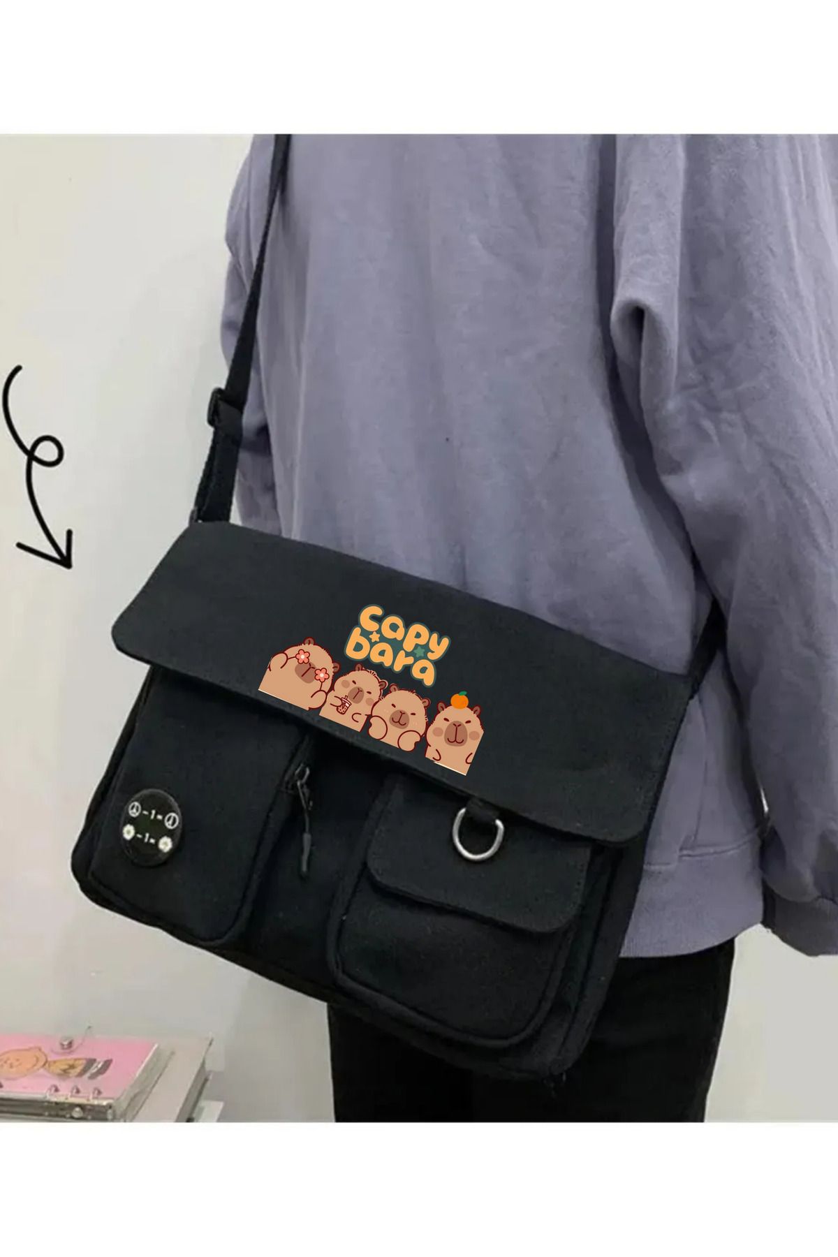 Toum Capybara Unisex Cepli Unisex Siyah Postacı Çantası