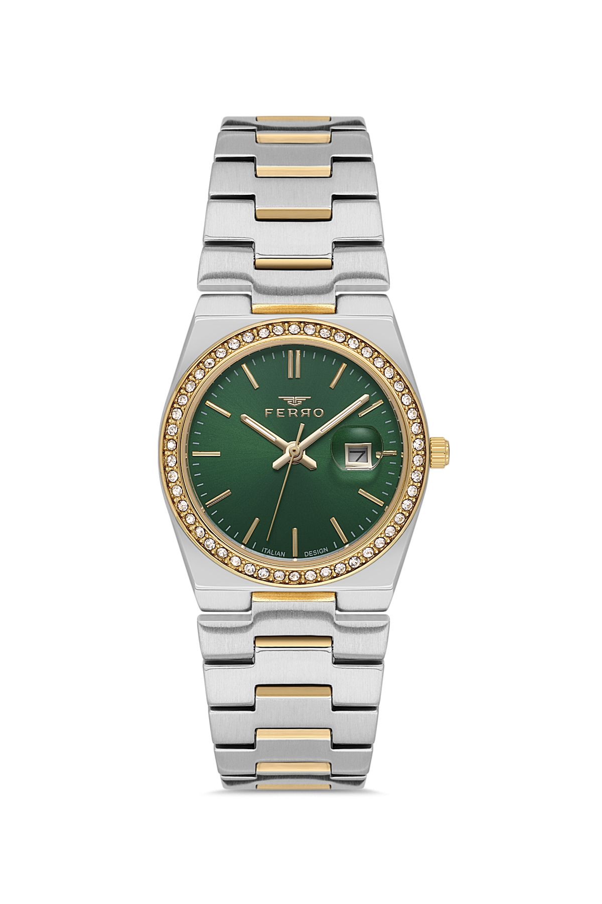 FERRO FL21596AWT-D6 Quarzt Çelik Altın/Gri Yeşil Kadran 30 mm Kadın Kol Saati