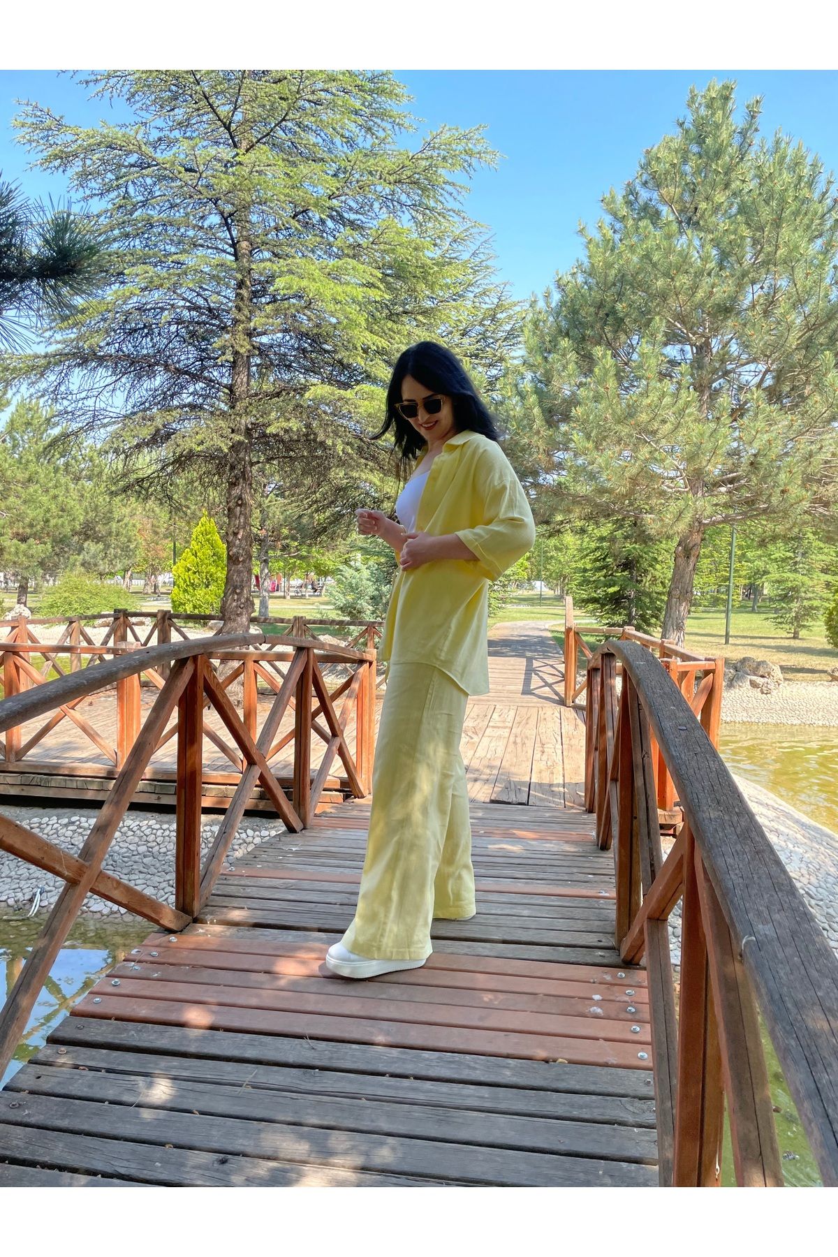 Aura Ella Kadın Oversize Gömlek Pantolon Takım – %100 Pamuk Keten Dokulu Kumaş – Sarı