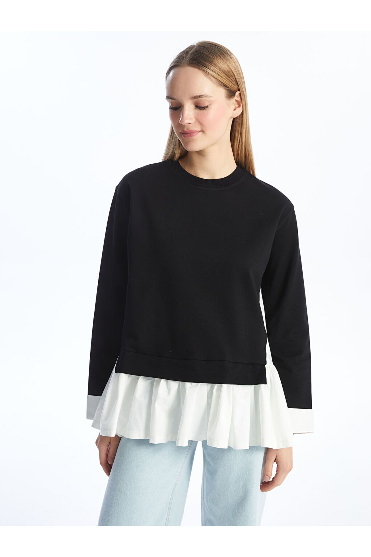 LC Waikiki Bisiklet Yaka Düz Oversize Kadın Sweatshirt Tunik
