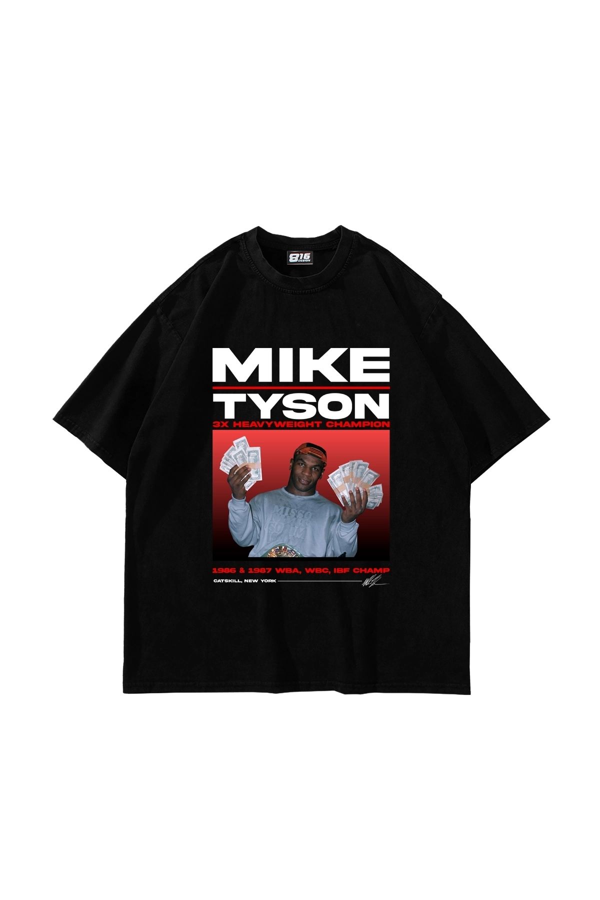 Sekizbiraltı Mike Tyson Baskılı Oversize Unisex Siyah Tshirt