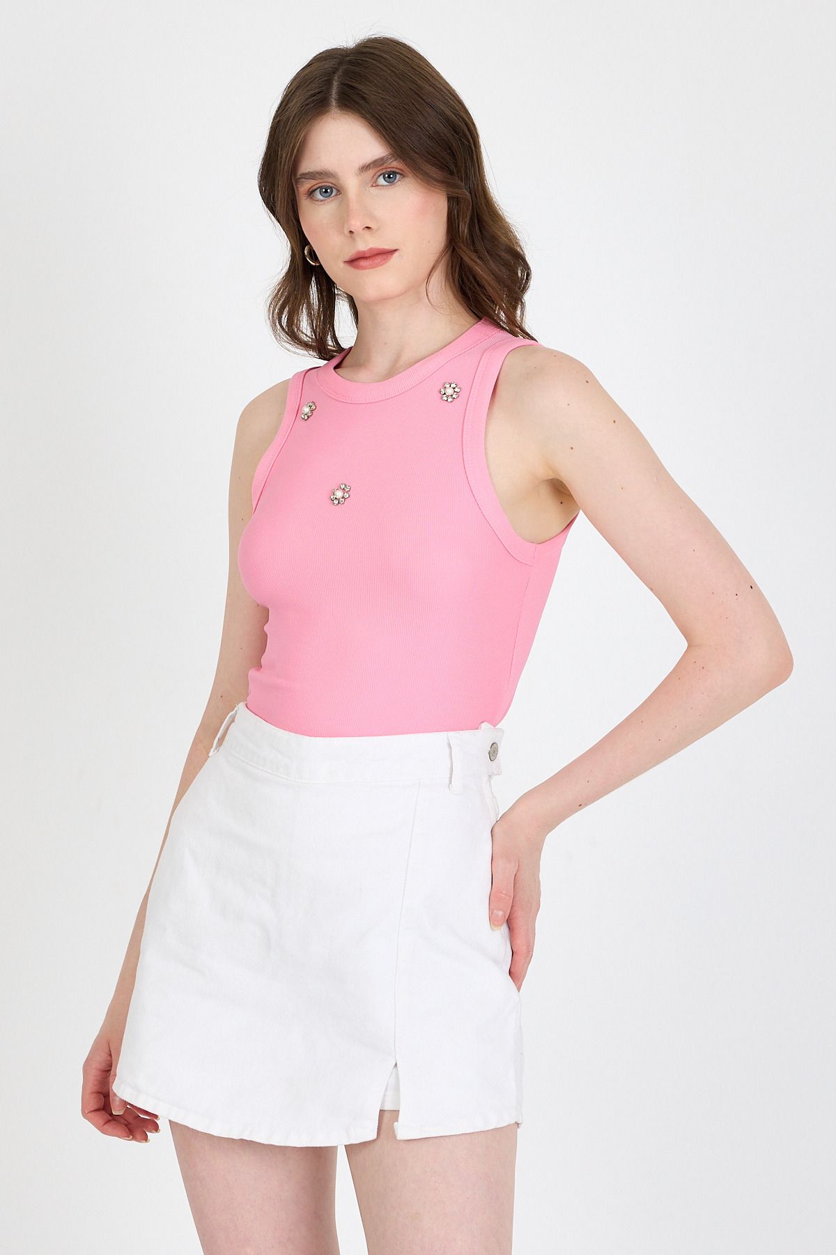 Rays Pembe İnci Taş Detaylı Halter Yaka Ribanalı Atlet 0649