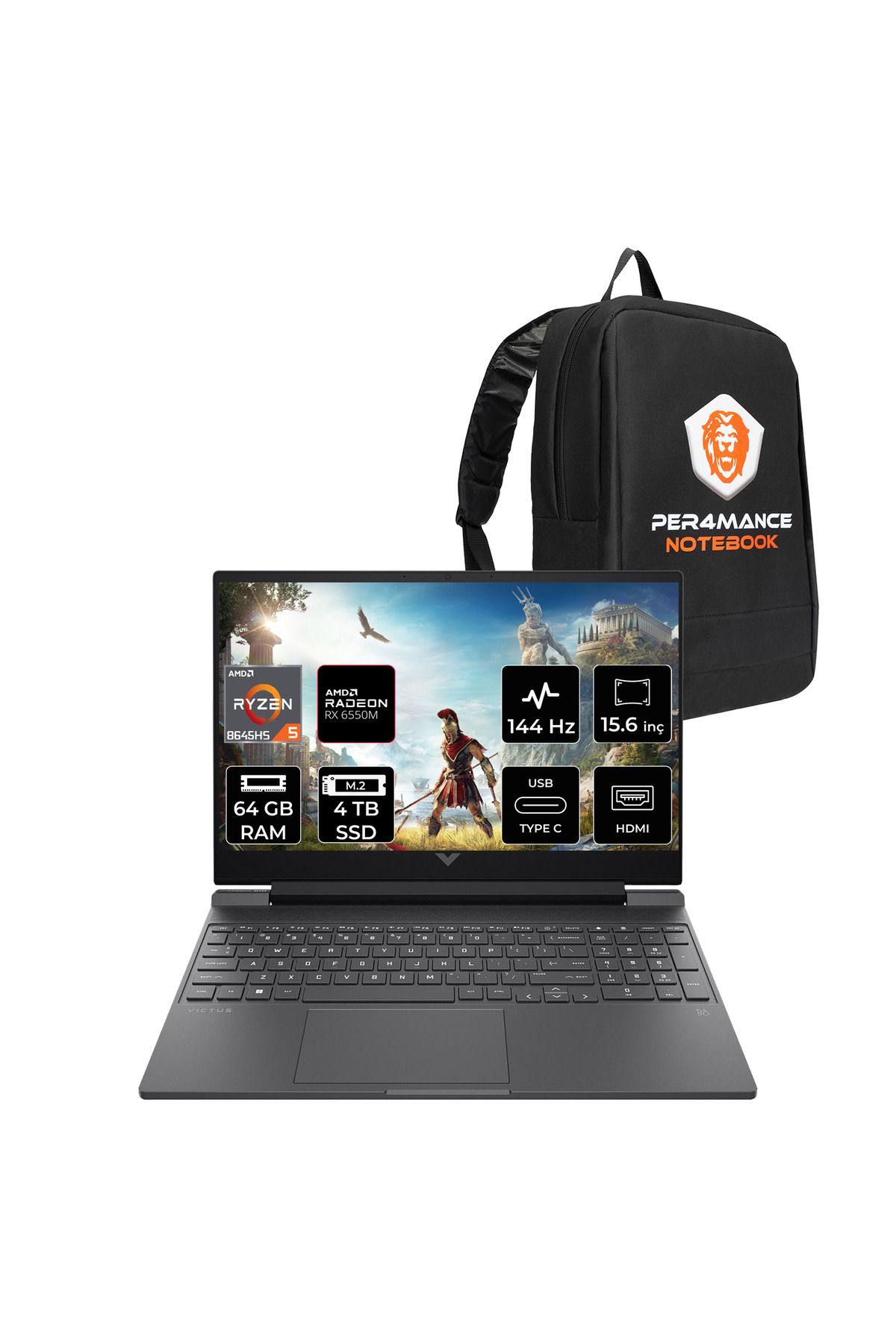 HP Victus 15 R5 8645HS 64GB DDR5 4TB SSD RX6550M/4GB 15.6'' 144Hz FDOS Gaming Laptop & PER4 ÇANTA