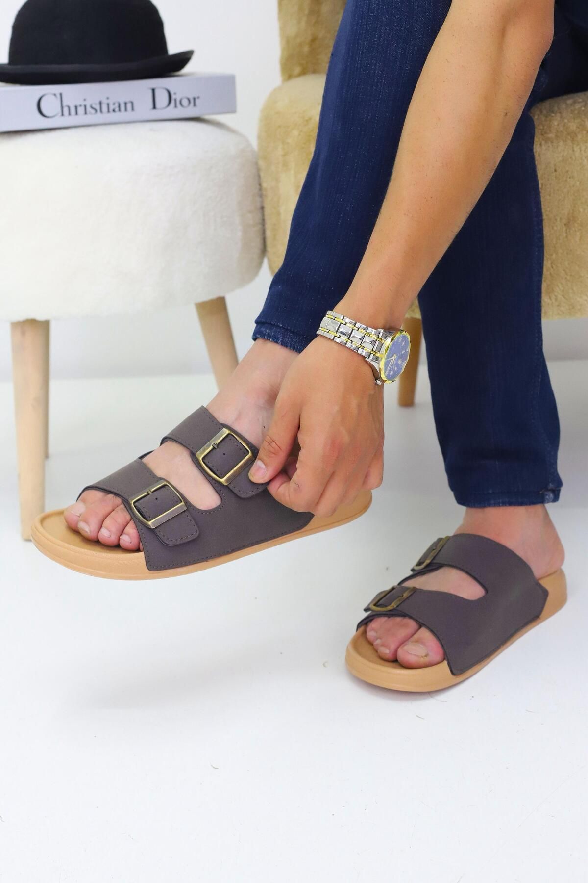 Nubbock-Mink Men's 2 Buckle Flat Daily Slippers Nk2036 2