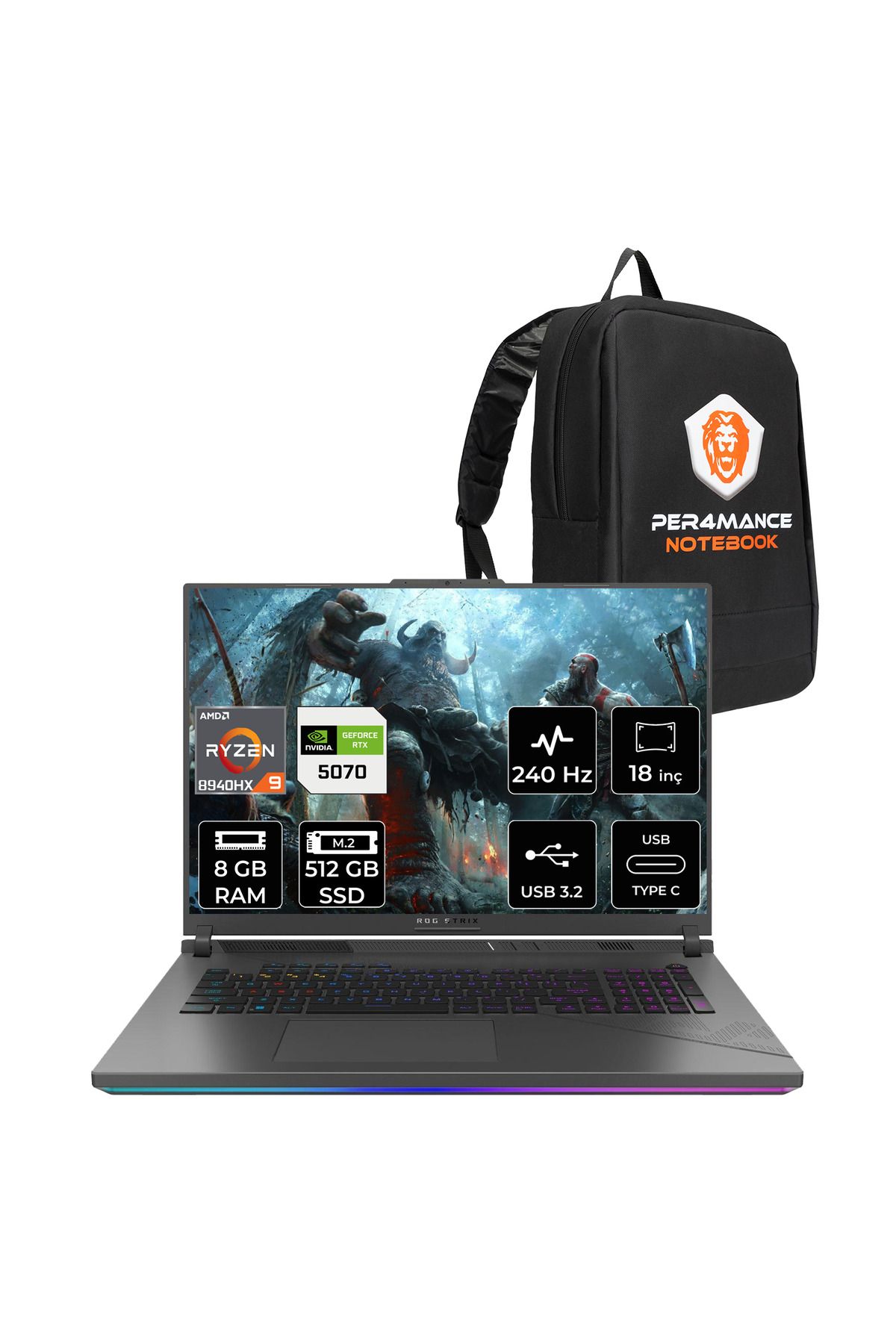 ASUS Rog Strix G18 R9 8940HX 8GB 512GB SSD RTX5070/8GB 240Hz 18" WQXGA FDOS Gaming Laptop G814PP