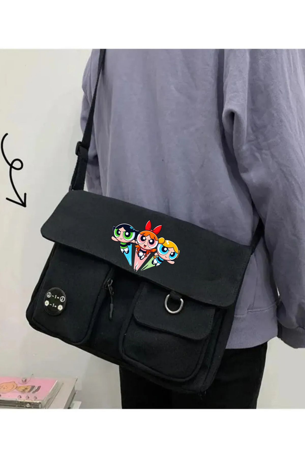 Toum Power Girl Unisex Cepli Unisex Siyah Postacı Çantası