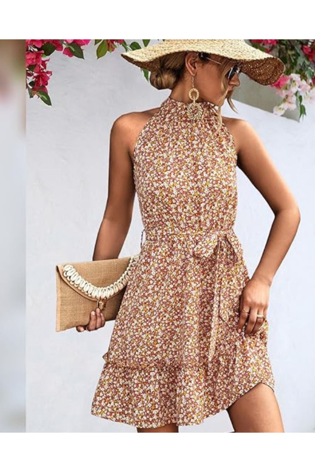 moda wanilia Kadın Halter Yaka Eteği Volanlı Çiçek Desenli Süprem Elbise