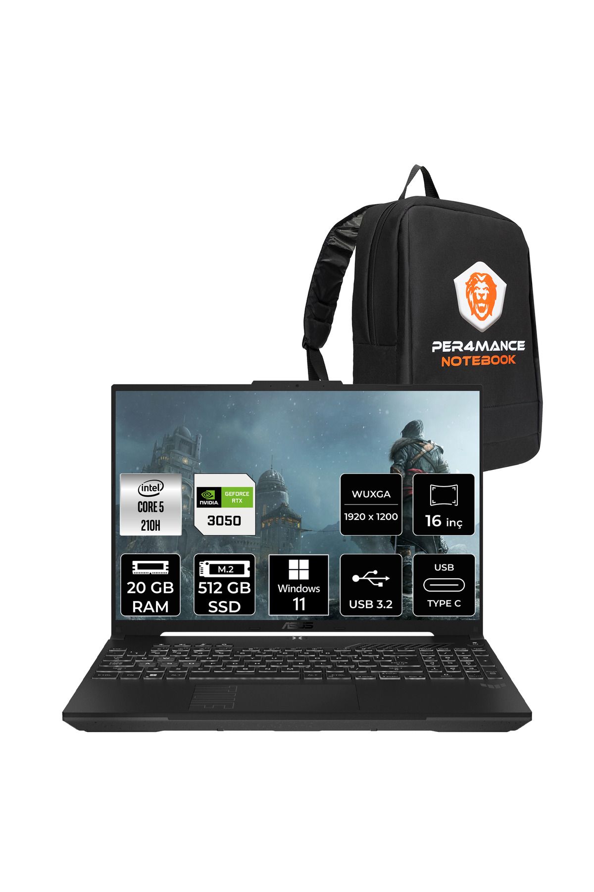ASUS TUF Gaming F16 Core5 210H 20GB 512GB SSD RTX3050/6GB 16" WUXGA 144Hz W11H Laptop FX607VJ