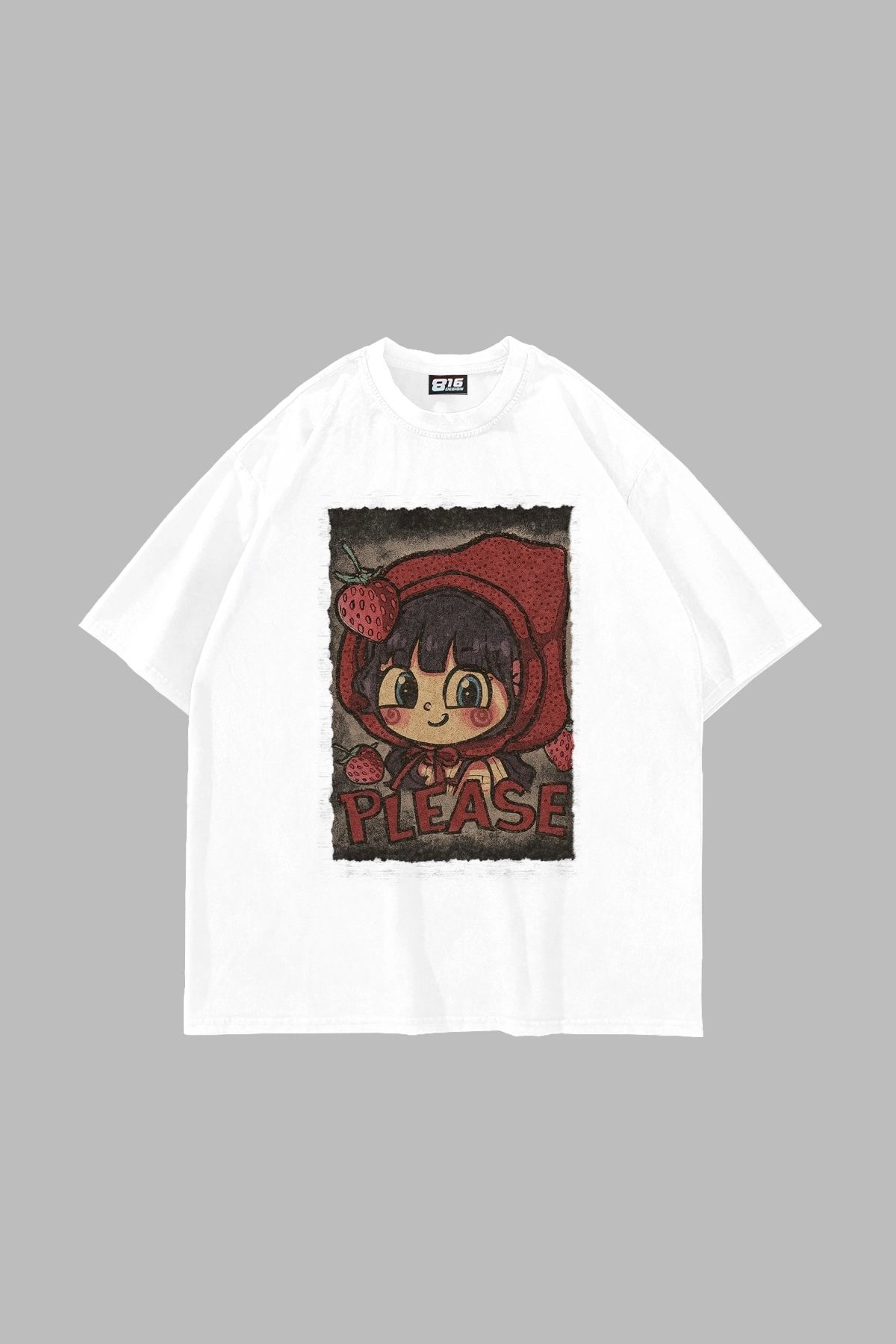 Sekizbiraltı Little Red Riding Hood Baskılı Oversize Unisex Beyaz Tshirt