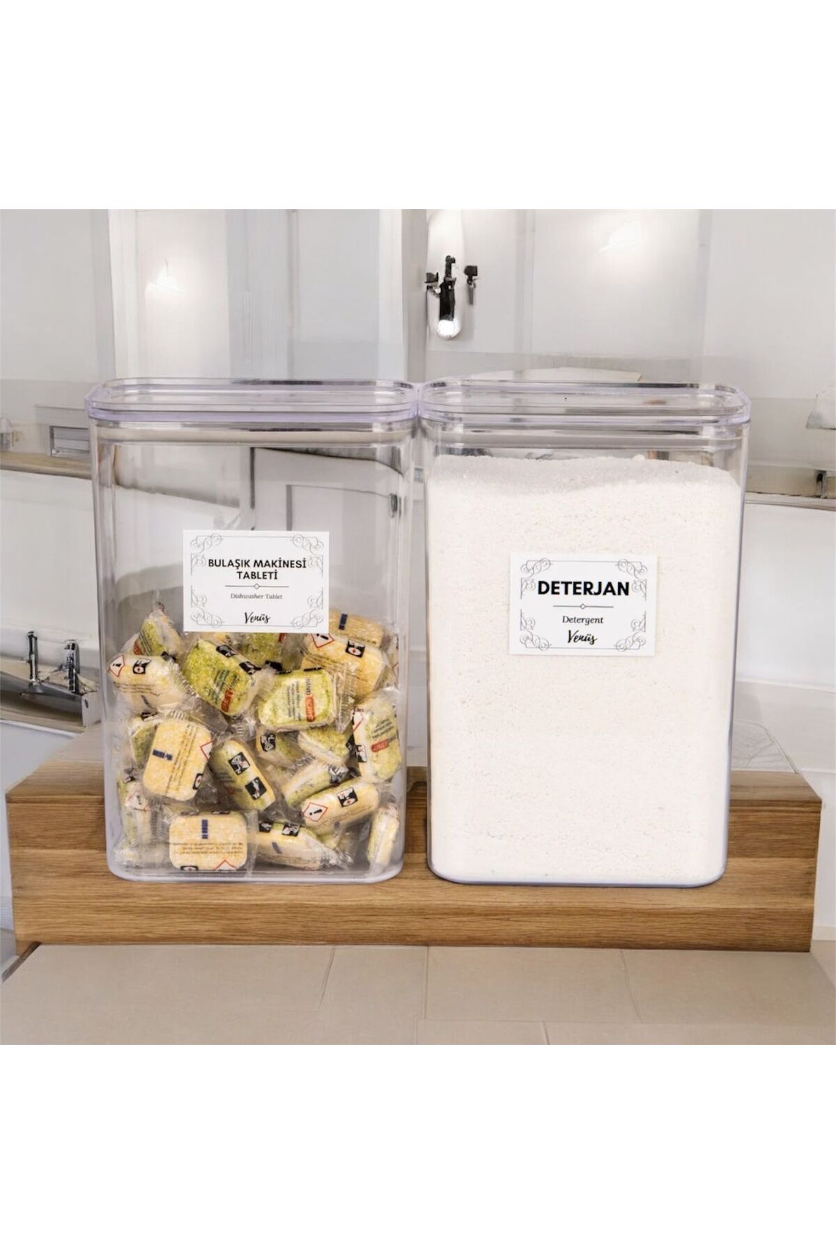 emdeco 2 Adet Vakum Kapaklı Tablet ve Deterjan Etiketli Ölçek Hediyeli Saklama Kabı Kavanoz 3 Litre