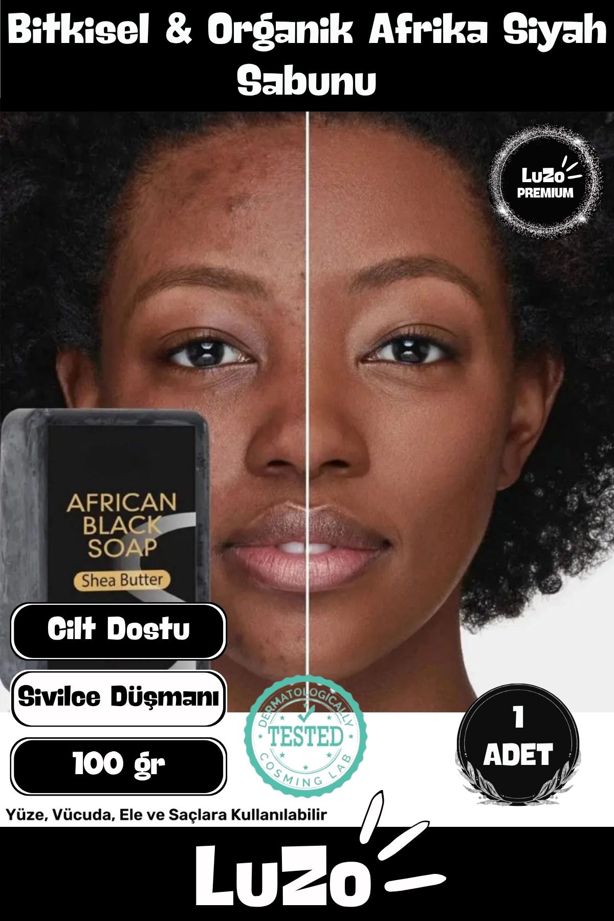 LuZo Premium Seri %100 Doğal Organik Yüz Saç Vücut Cilt Dengeleyici Kolajen Etkili Afrika Sabunu 1 Adet