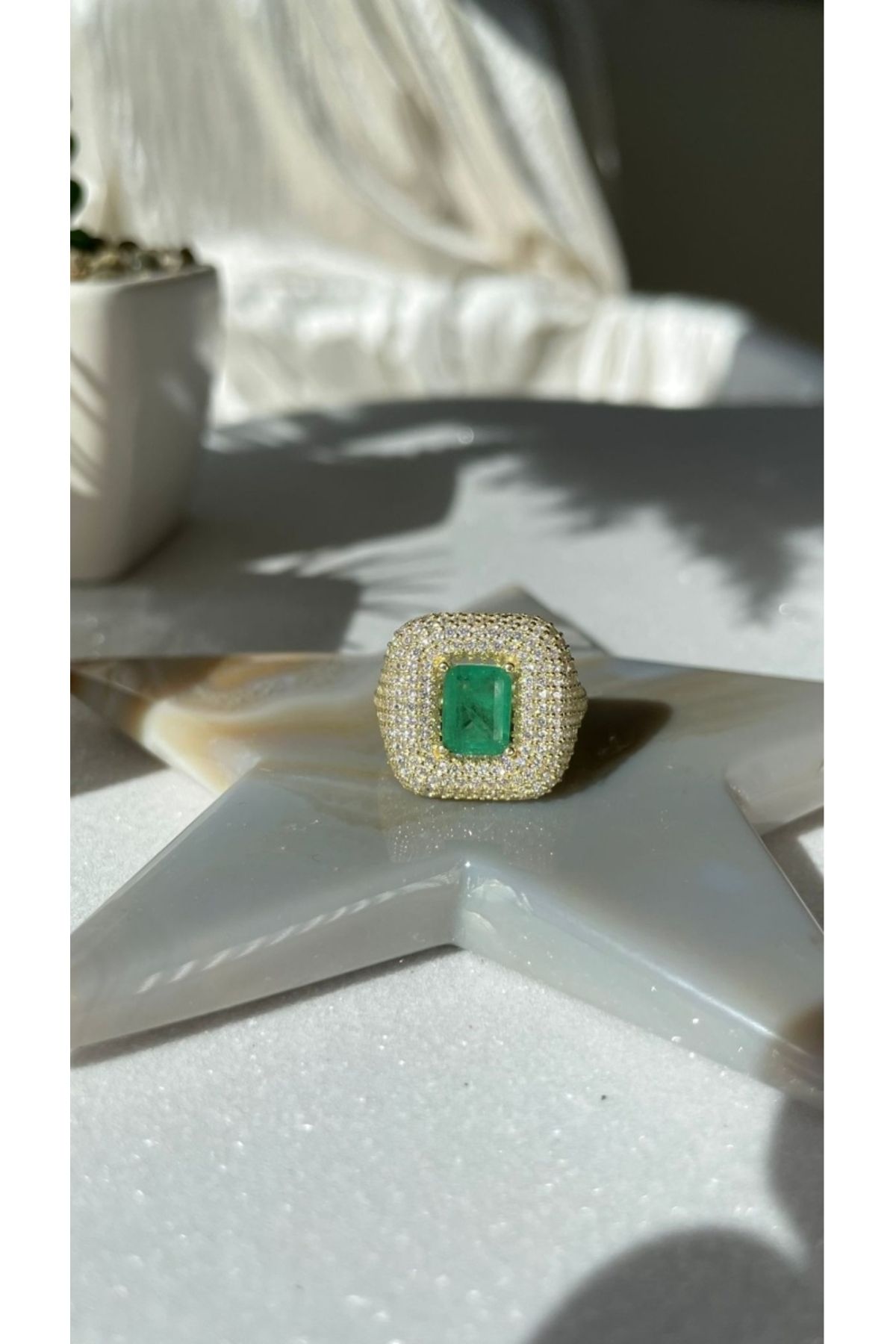 Luna Argento Altın Kaplama Kare Model Yeşil Paraiba Taşlı Yüzük 925 Ayar Gümüş
