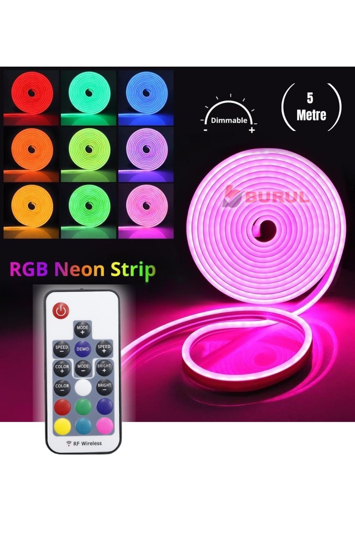 burul SB-6562 5 Metre 20 Renk RF Kumandalı Renk Değiştiren RGB Neon Led Şerit Işık Seti