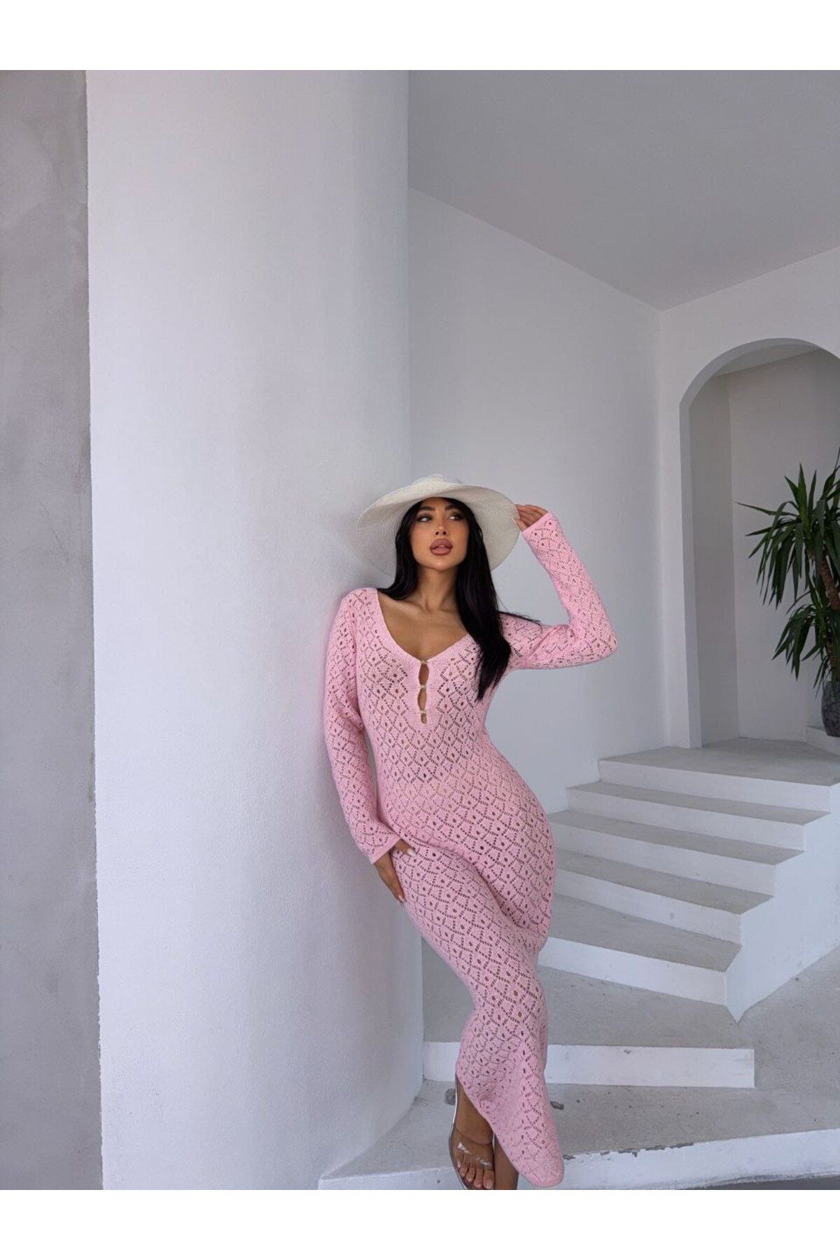 manana fashion PEMBE AJURLU PLAJ ELBİSESİ PAREO