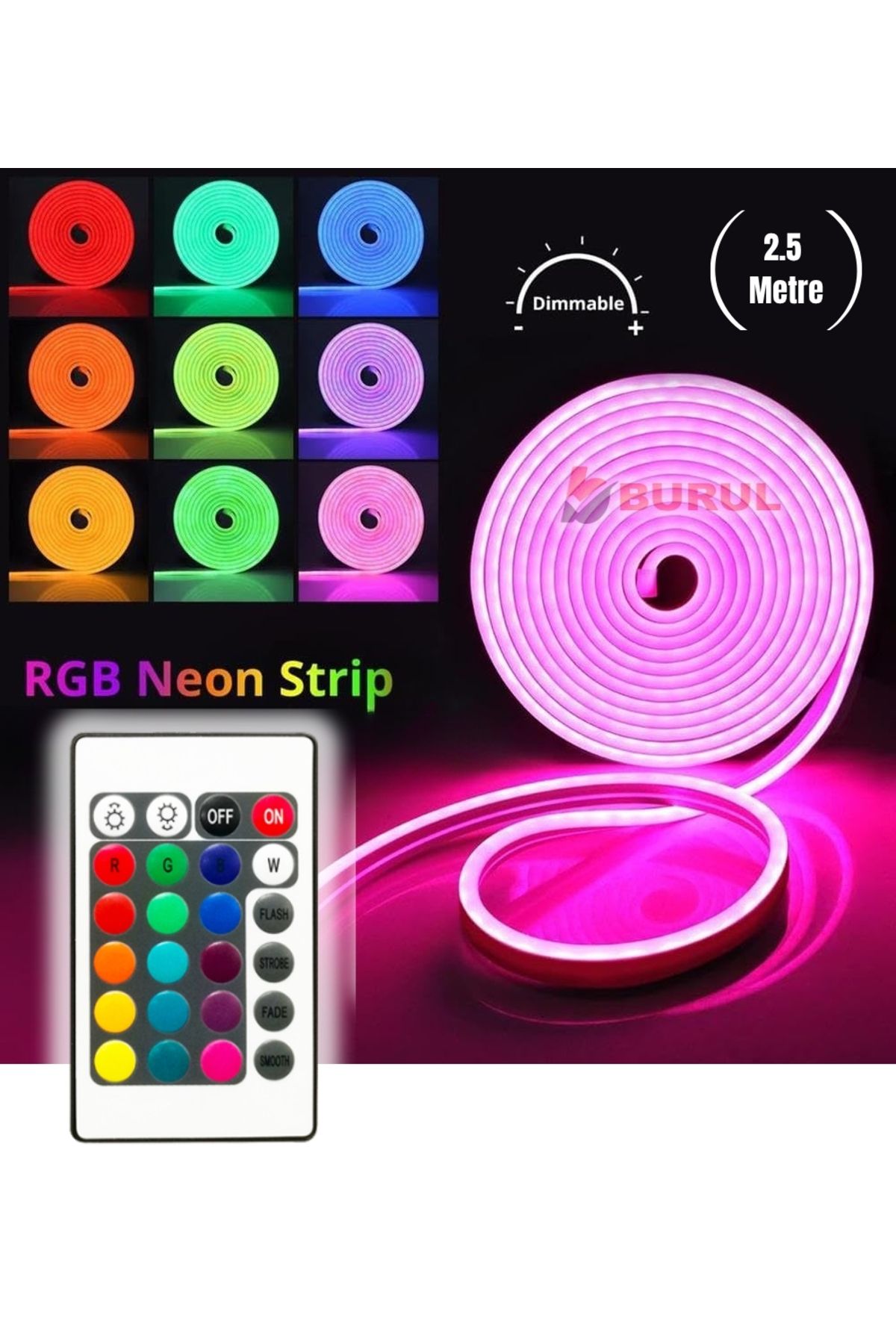 burul SB-6560 2.5 Metre 16 Renk Kumandalı Renk Değiştiren RGB Neon Led Şerit Işık Seti