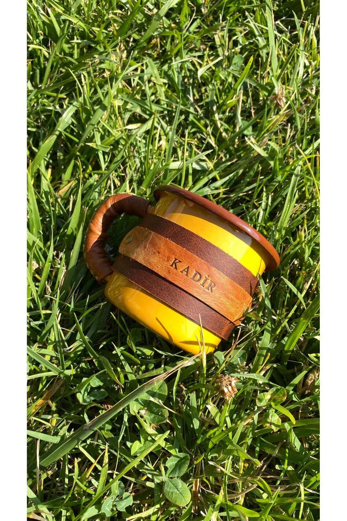 ALESTA LEATHER (isim yazıyoruz) Deri Kaplı Emaye Kamp Bardağı / Mug / Kupa