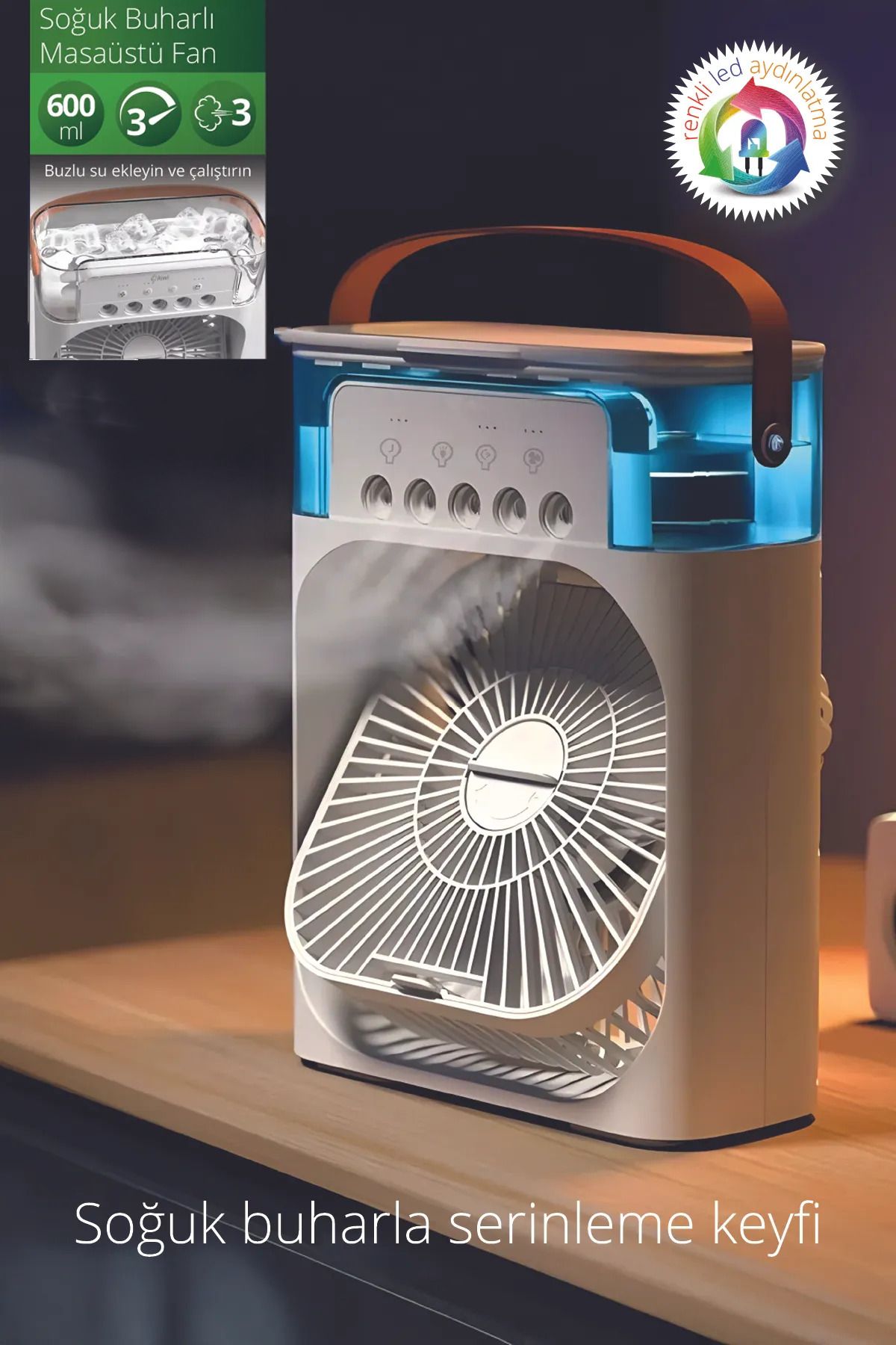 Chermik 3'ü 1 Arada Soğuk Buharlı Nemlendirici Masaüstü Vantilatör USB Fan Gece Lambası 600ml