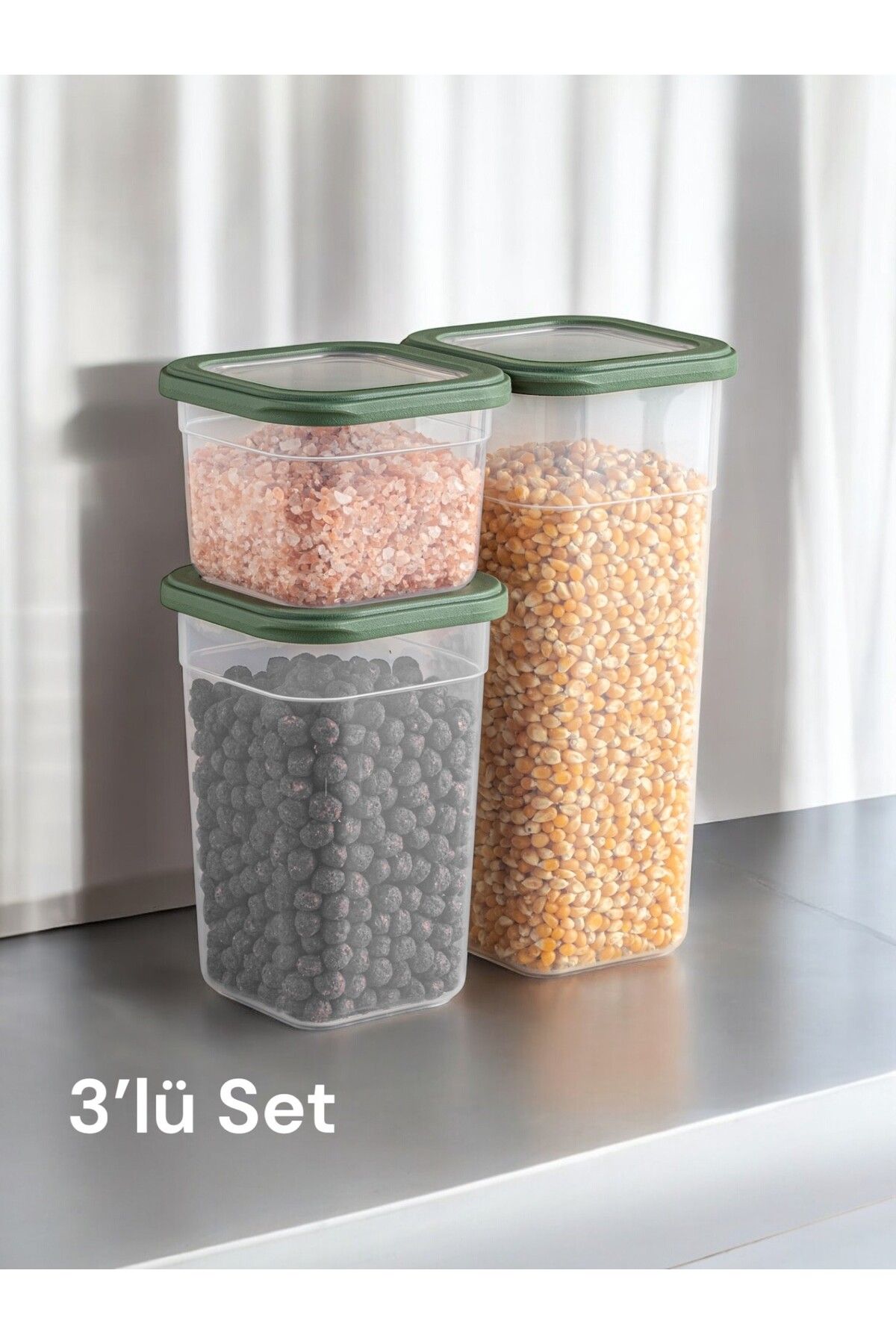 Nesto Home 3'lü Set Çok Amaçlı Kare Erzak ve Bakliyat Saklama Kabı Deterjan Kutusu 1x680 1x1250 1x1850 ml