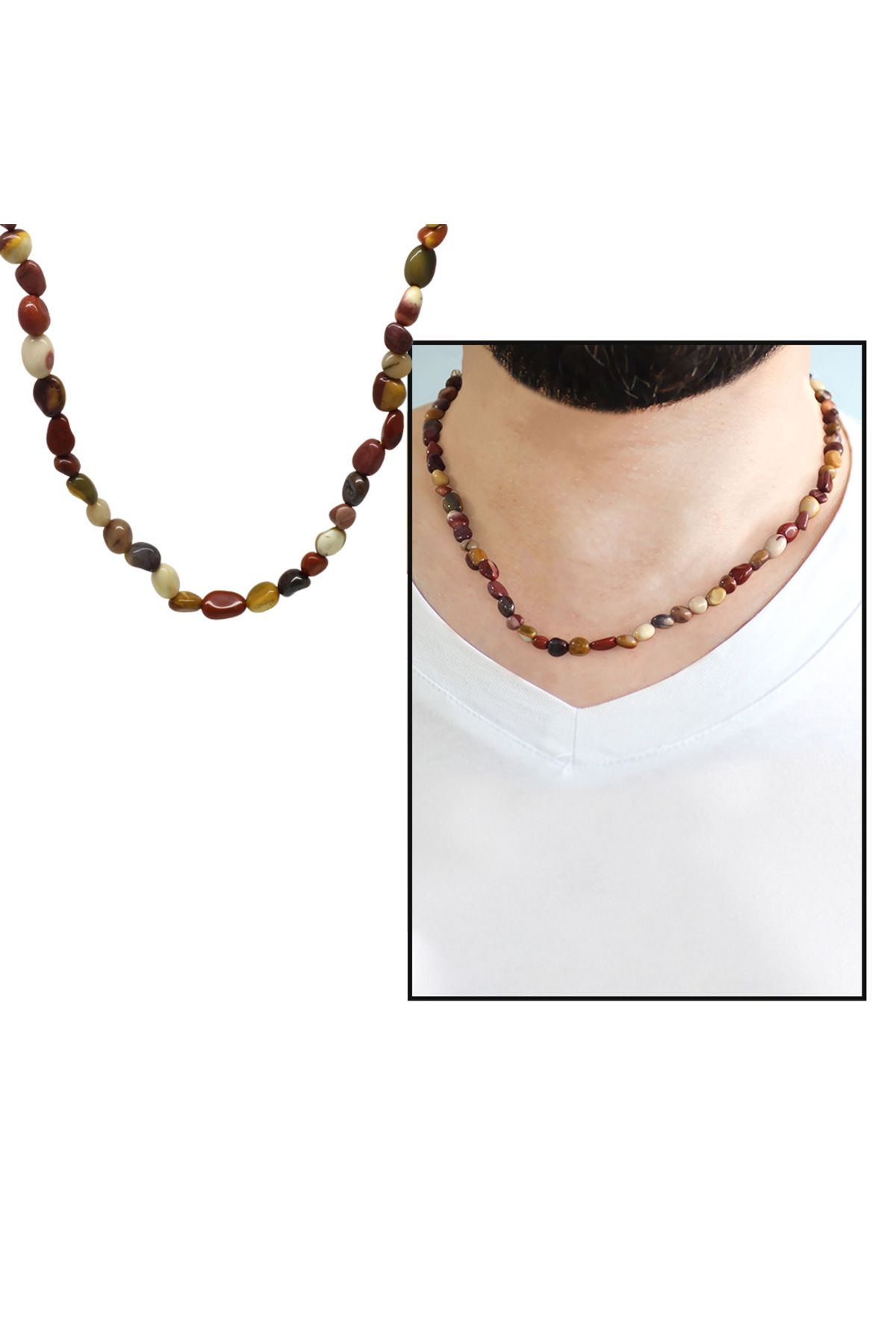 Tesbihane Silver Renk Metal Zincirli Amorf Jasper Doğaltaş Erkek Kolye