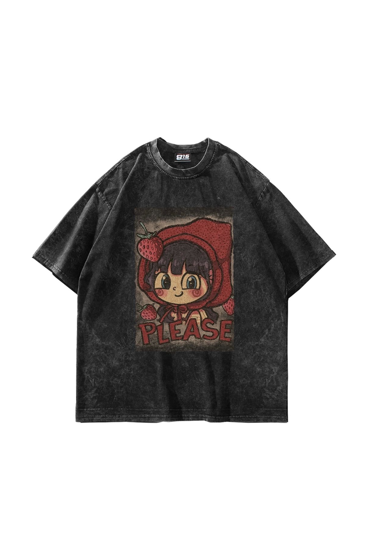 Sekizbiraltı Little Red Riding Hood Baskılı Oversize Unisex Yıkamalı Siyah Tshirt