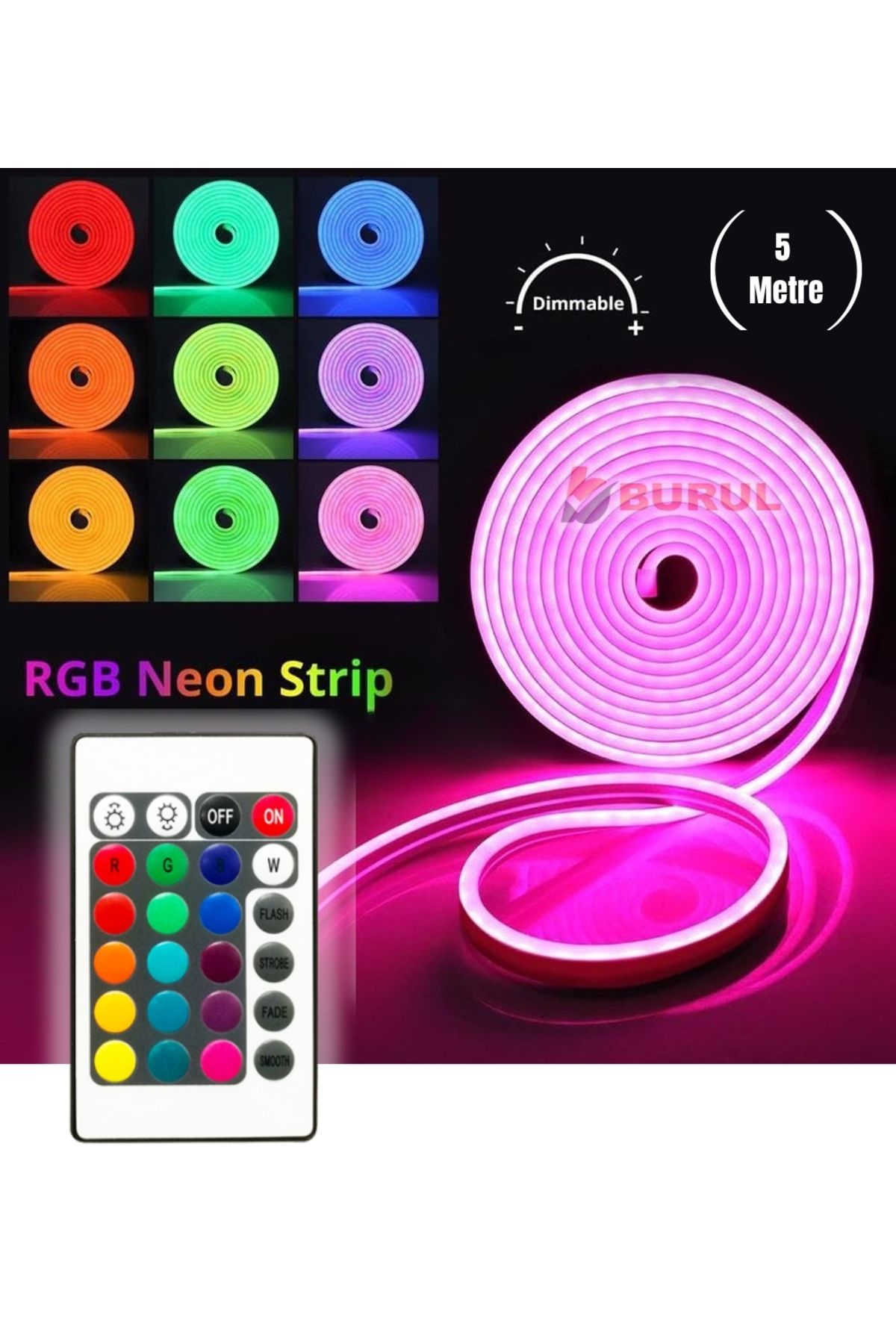 burul SB-6560 5 Metre 16 Renk Kumandalı Renk Değiştiren RGB Neon Led Şerit Işık Seti