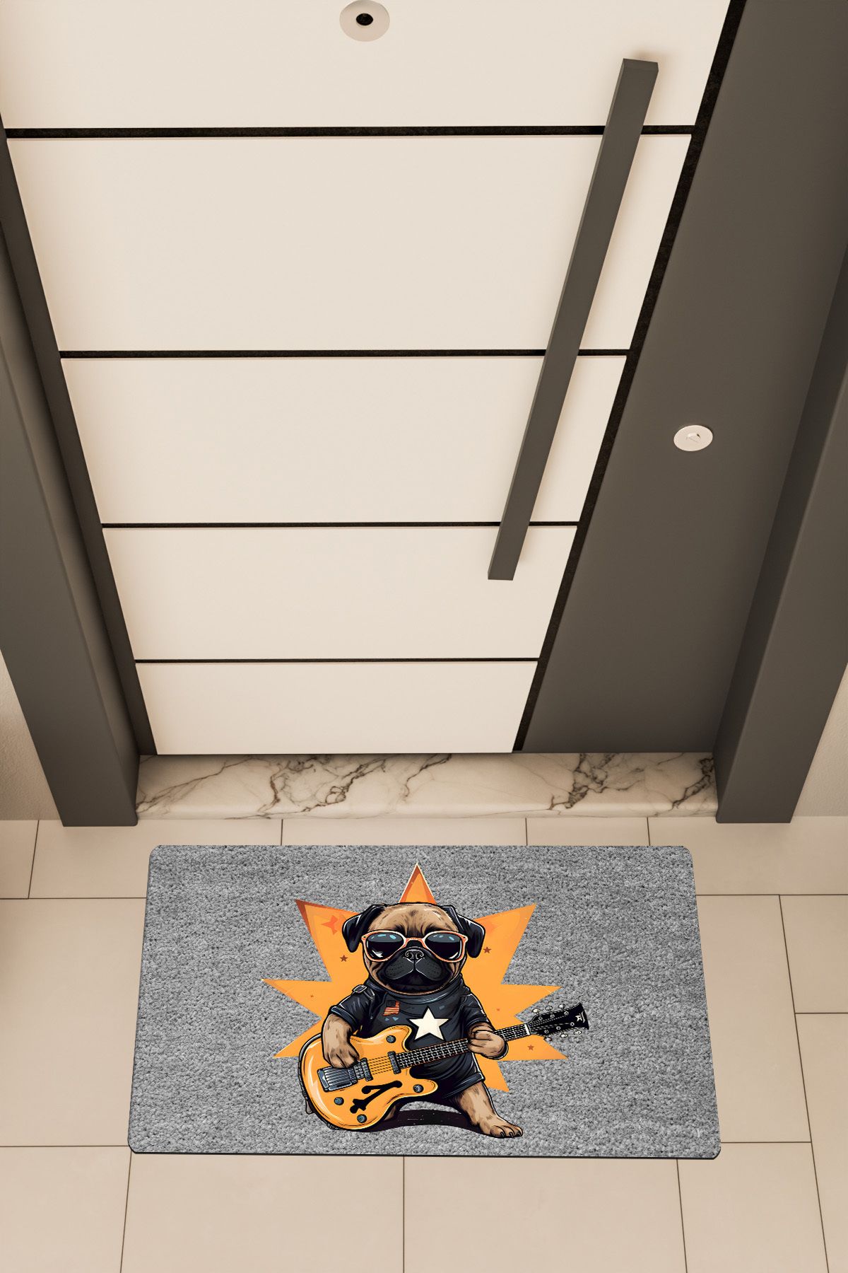 Dormot Home Yüksek Kaliteli Dijital Baskı Grii, Rockstar Pug, temalı Kapı Önü Paspası
