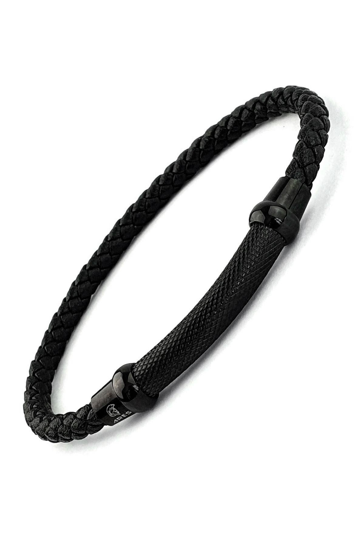 OSESHOP Siyah Rodajli 316L Çelik Detaylı Deri Erkek Bileklik