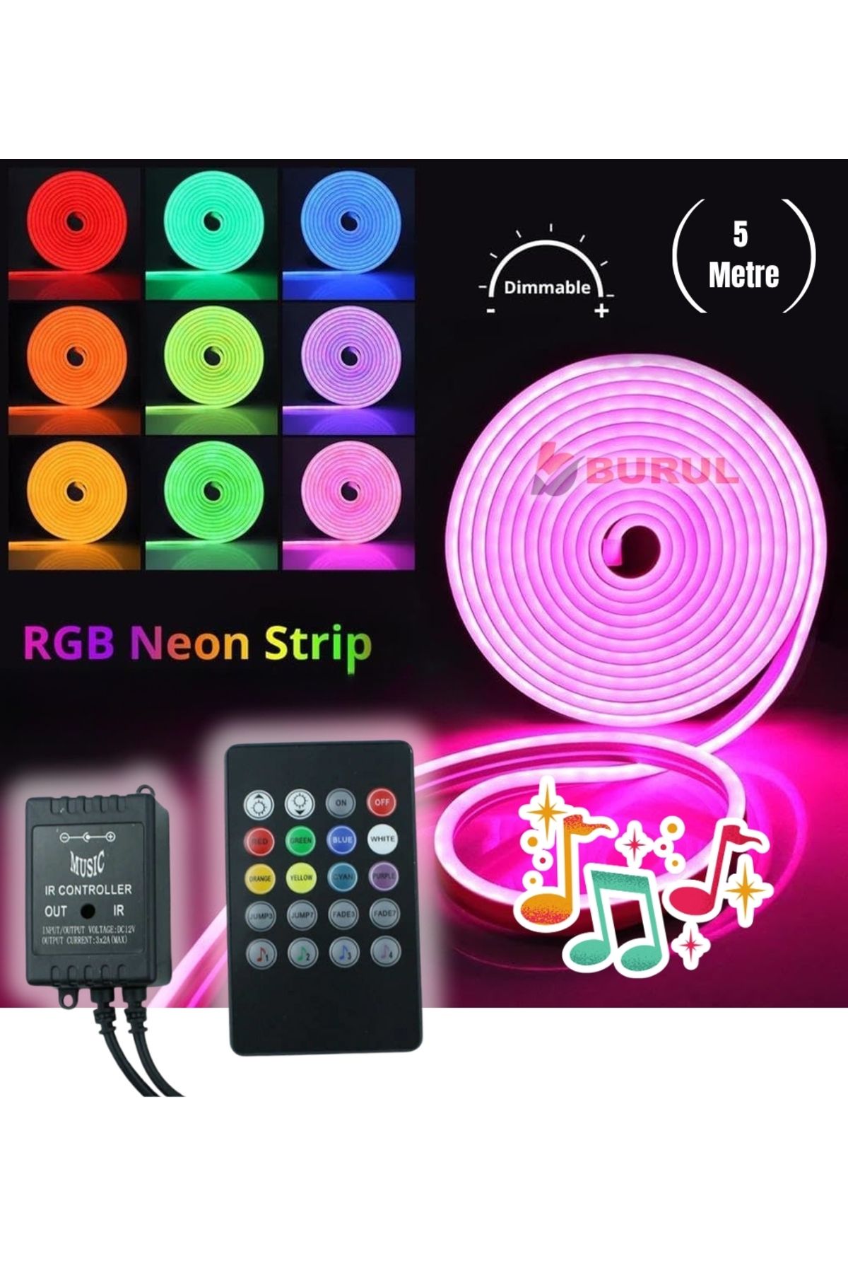 burul SB-6561 5 Metre 8 Renk Sese Duyarlı Renk Değiştiren RGB Neon Led Şerit Işık Seti