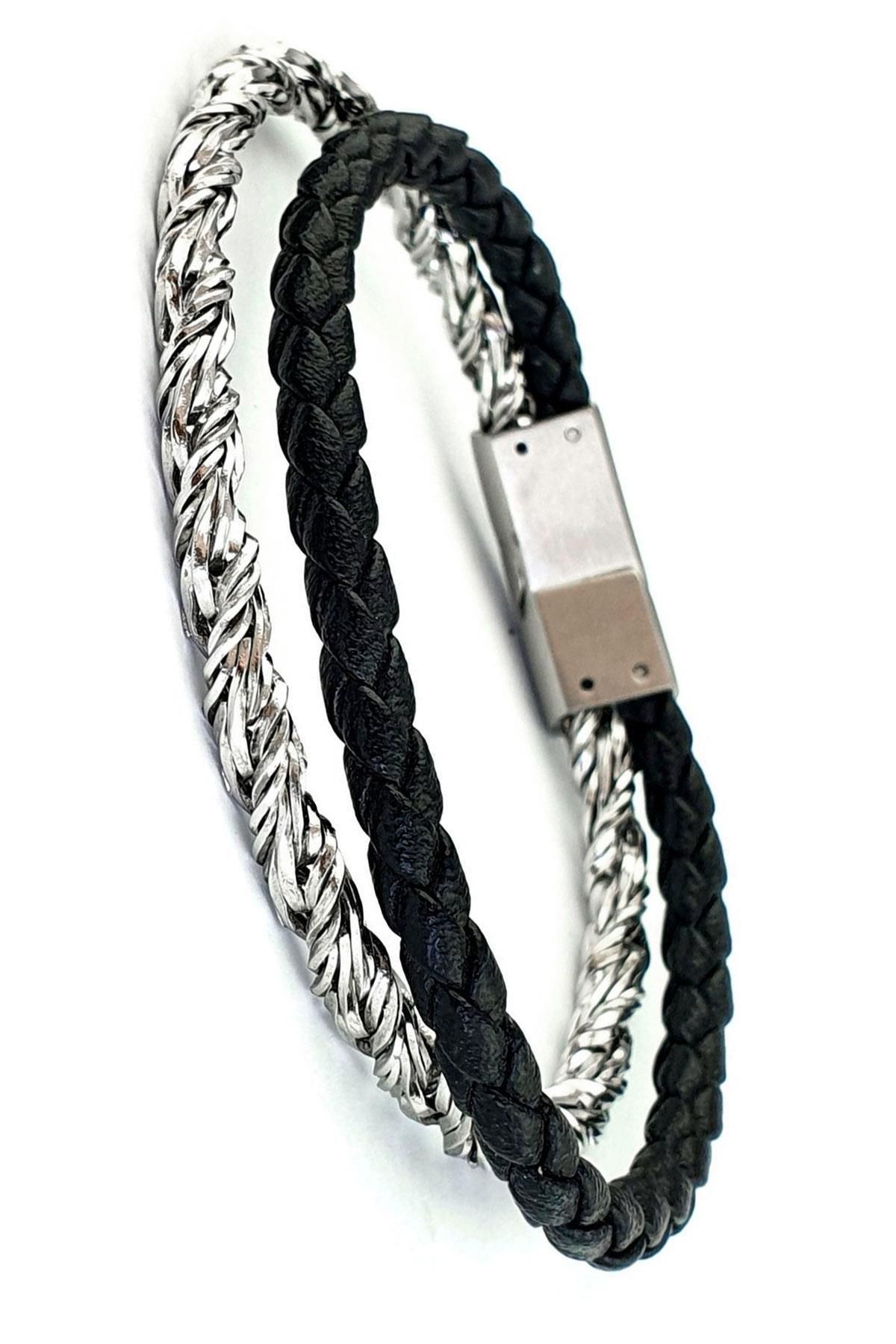 OSESHOP Çelik deri detaylı 316L Çelik ve Deri ikili bileklik