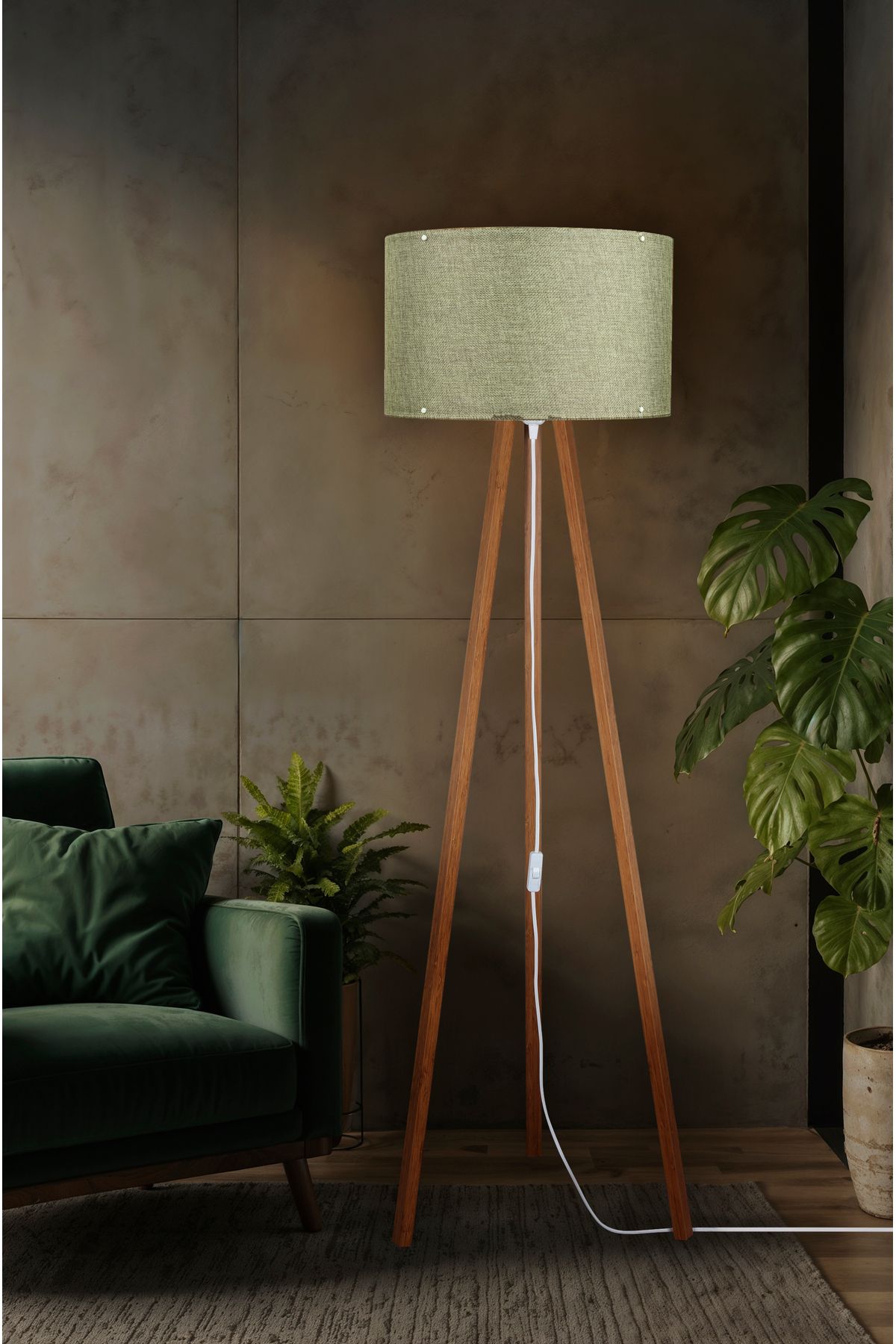 AG LightDesign Yeşil Lambader Abajur 3 Ayaklı Tripod Kumaş Ahşap Üç Ayak