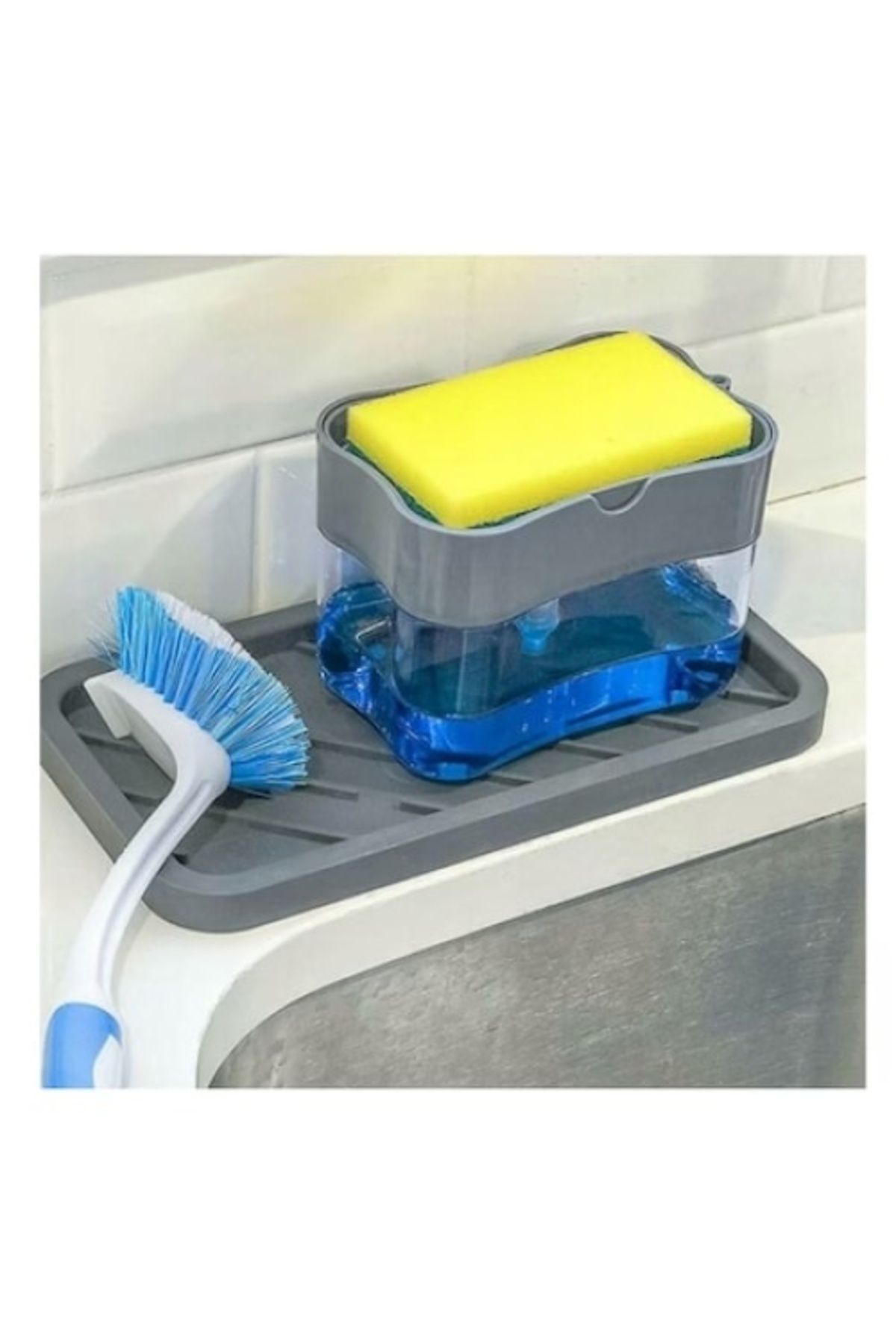 FOXMAG24-Dozator detergent de vase cu suport pentru burete, 2 compartimente, plastic ABS, gri 4