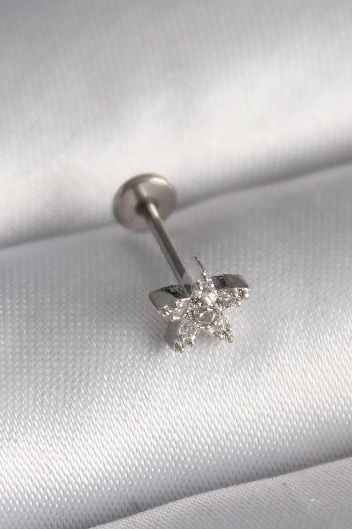 AfraBeauty 316L Çelik Gümüş Renk Zirkon Taşlı Yıldız Model Tragus Piercing