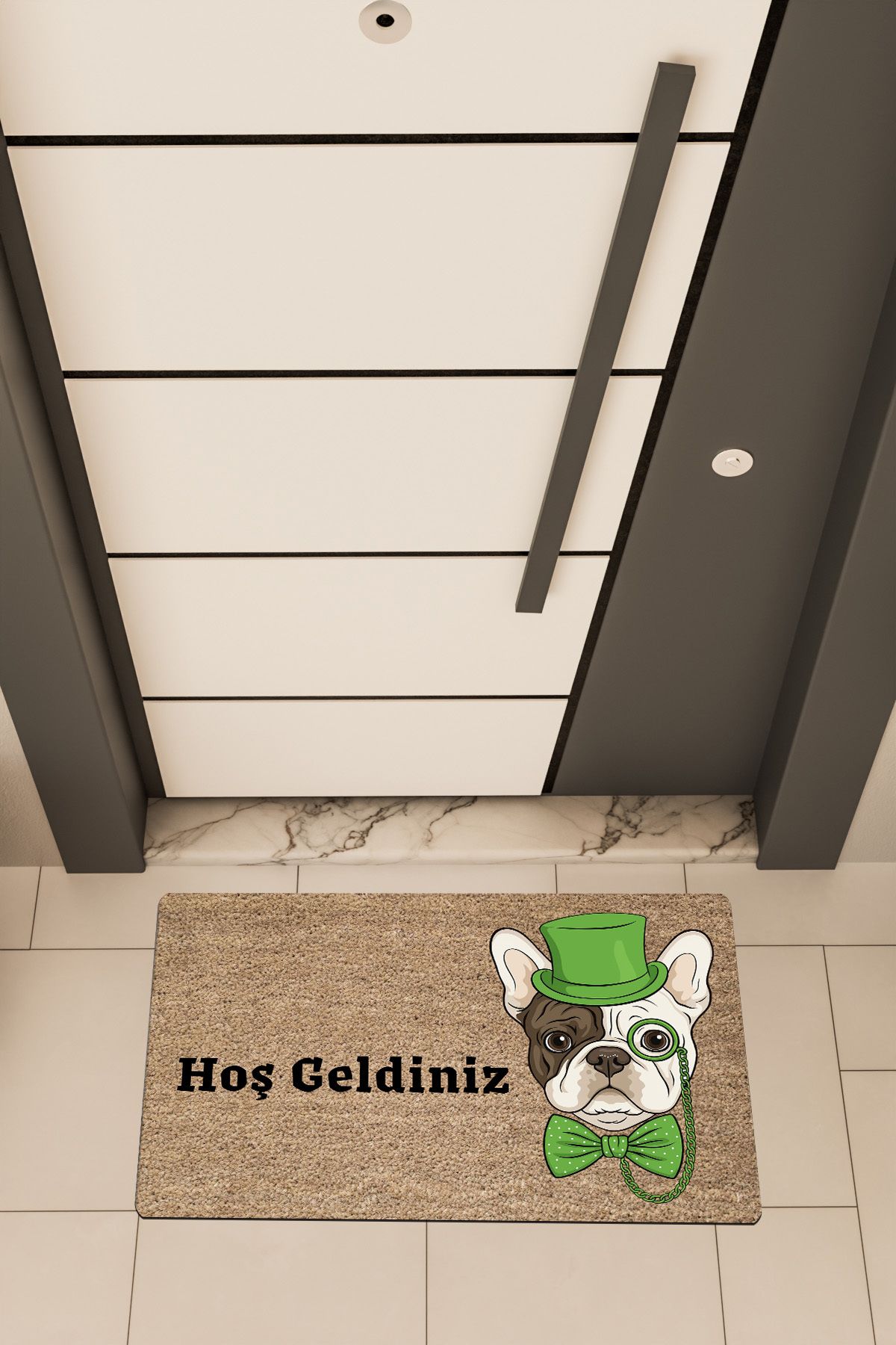 Dormot Home Yüksek Kaliteli Dijital Baskı Kahverengi, Yeşil Renkli Entel Pug temalı Kapı Önü Paspası