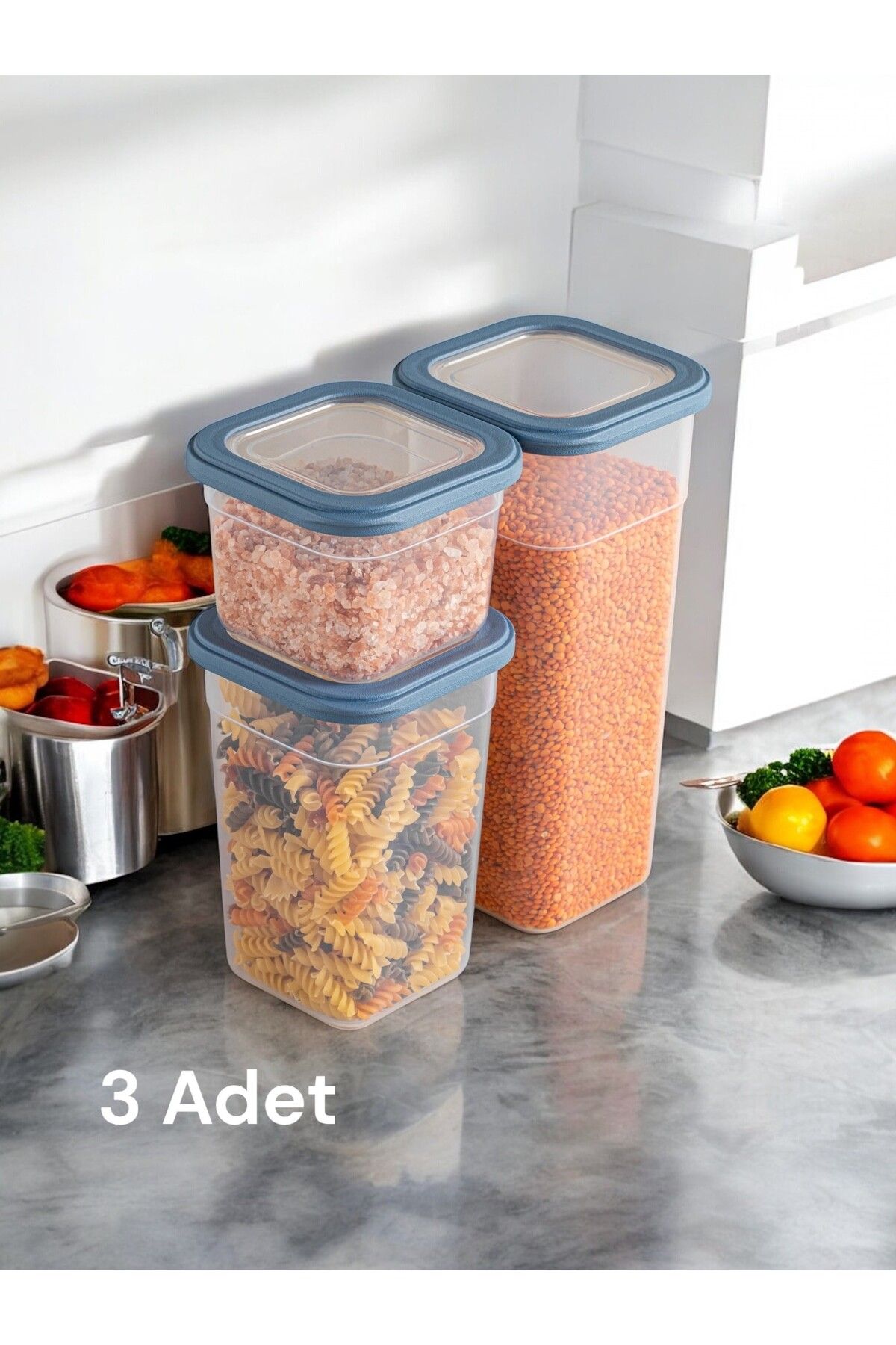 Nesto Home 3'lü Set Çok Amaçlı Kare Erzak ve Bakliyat Saklama Kabı Deterjan Kutusu 1x680 1x1250 1x1850 ml