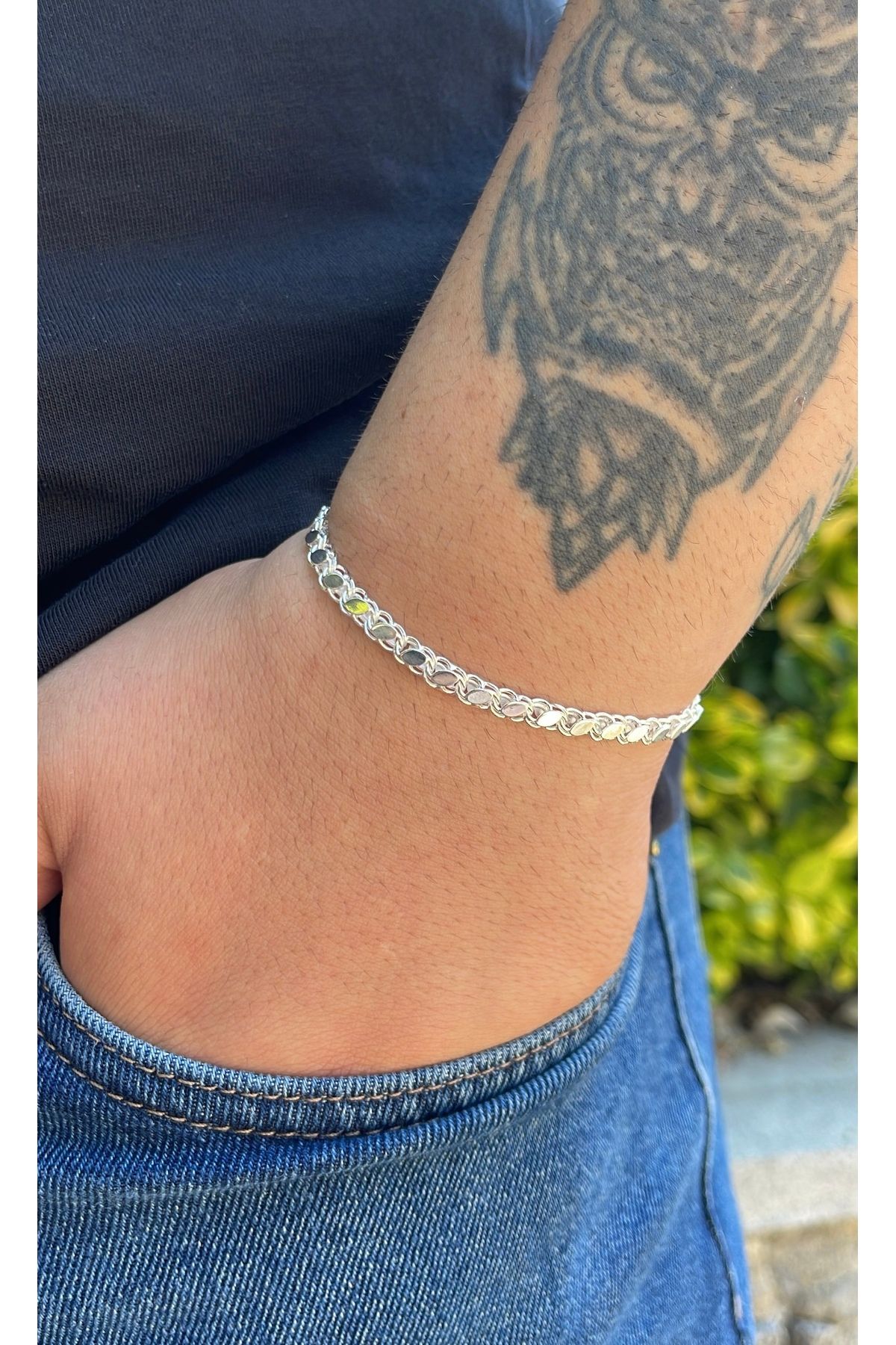 LİNOVE JEWELLERY Arpa Model Gümüş Bileklik, 925 Ayar Gümüş Unisex Model Bileklik, Erkek Bileklik, Pullu Bileklik