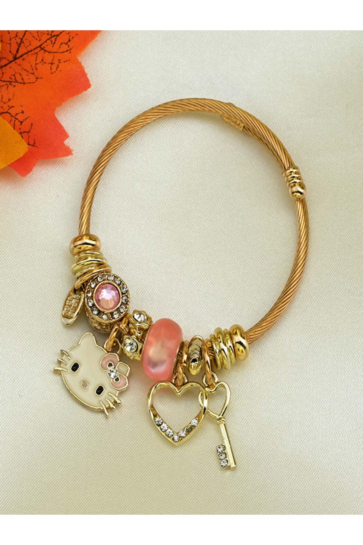 HLM JEWELRY Hello Kitty Charmlı Paslanmaz Çelik Bileklik Gold
